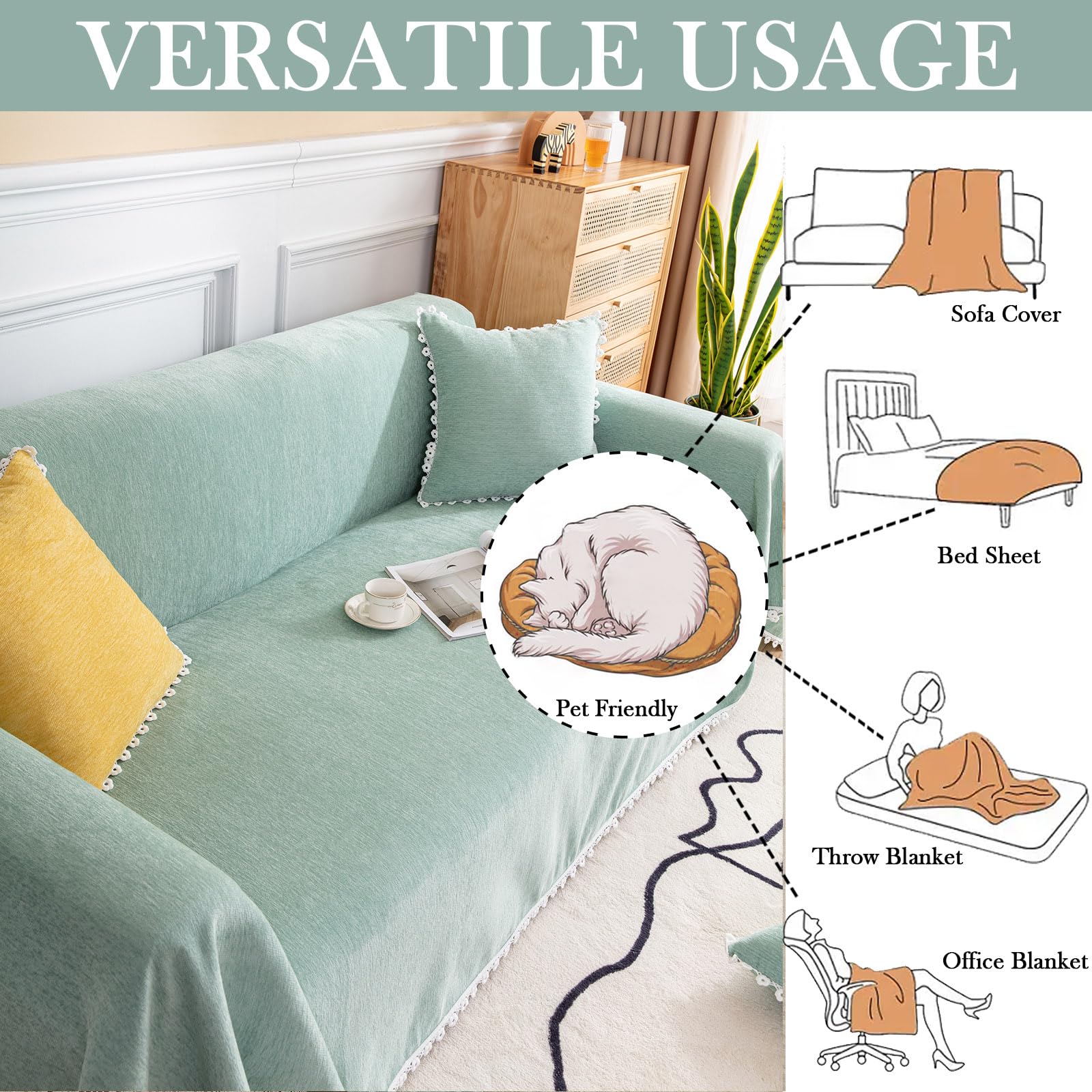 Handontime Cute Sofa Covers Light Green Couch Covers For 3 Cushion Couch Sofa With White Daisy Lace Green Sofa Slipcovers Chenille Couch Cover For Dogs Sectional Sofa L Shape Futon Cover, 71' X118'