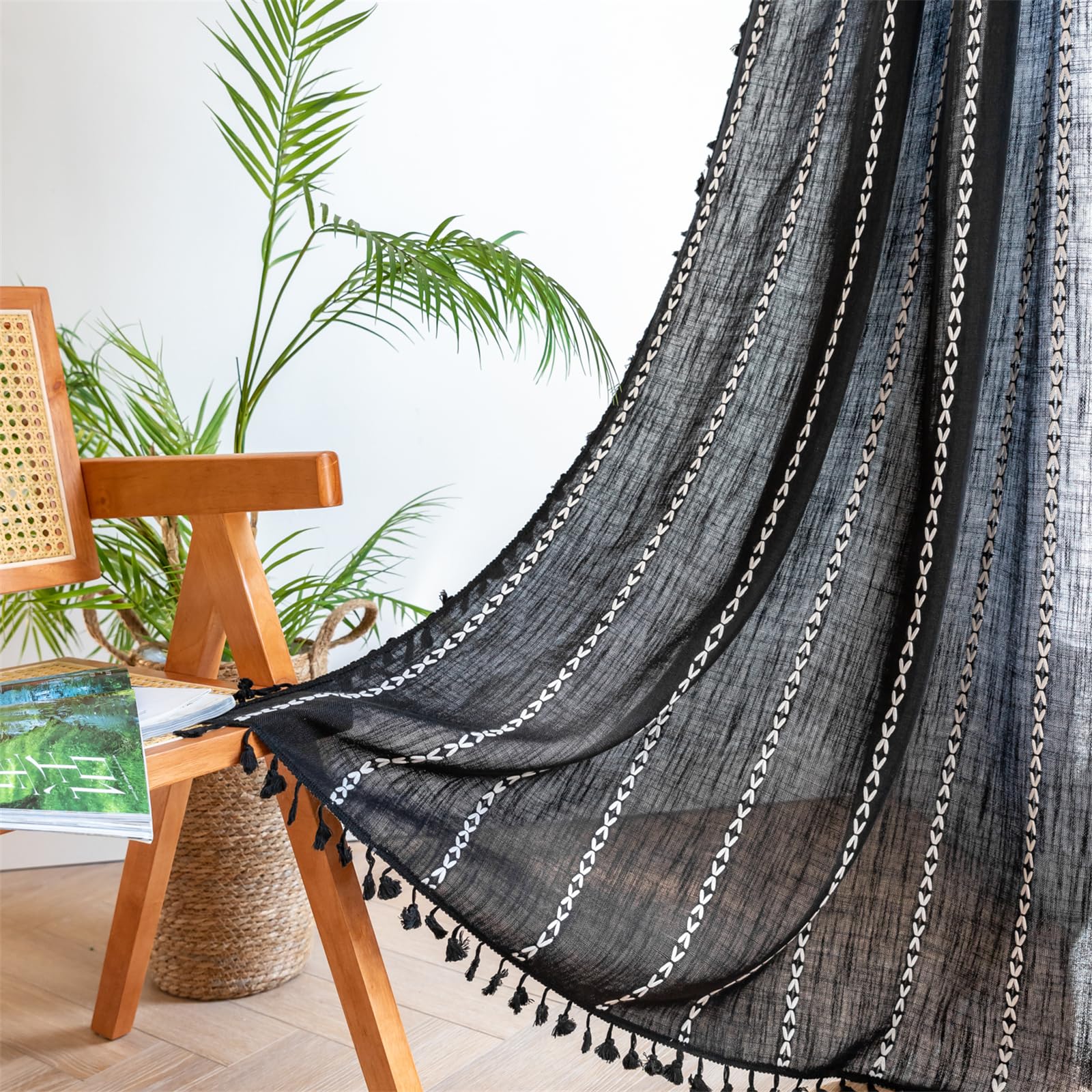Roomtalks Black Boho Farmhouse Curtains For Bedroom Living Room 63 Inch Length 2 Panles, French Country Halloween Gothic Cute Te