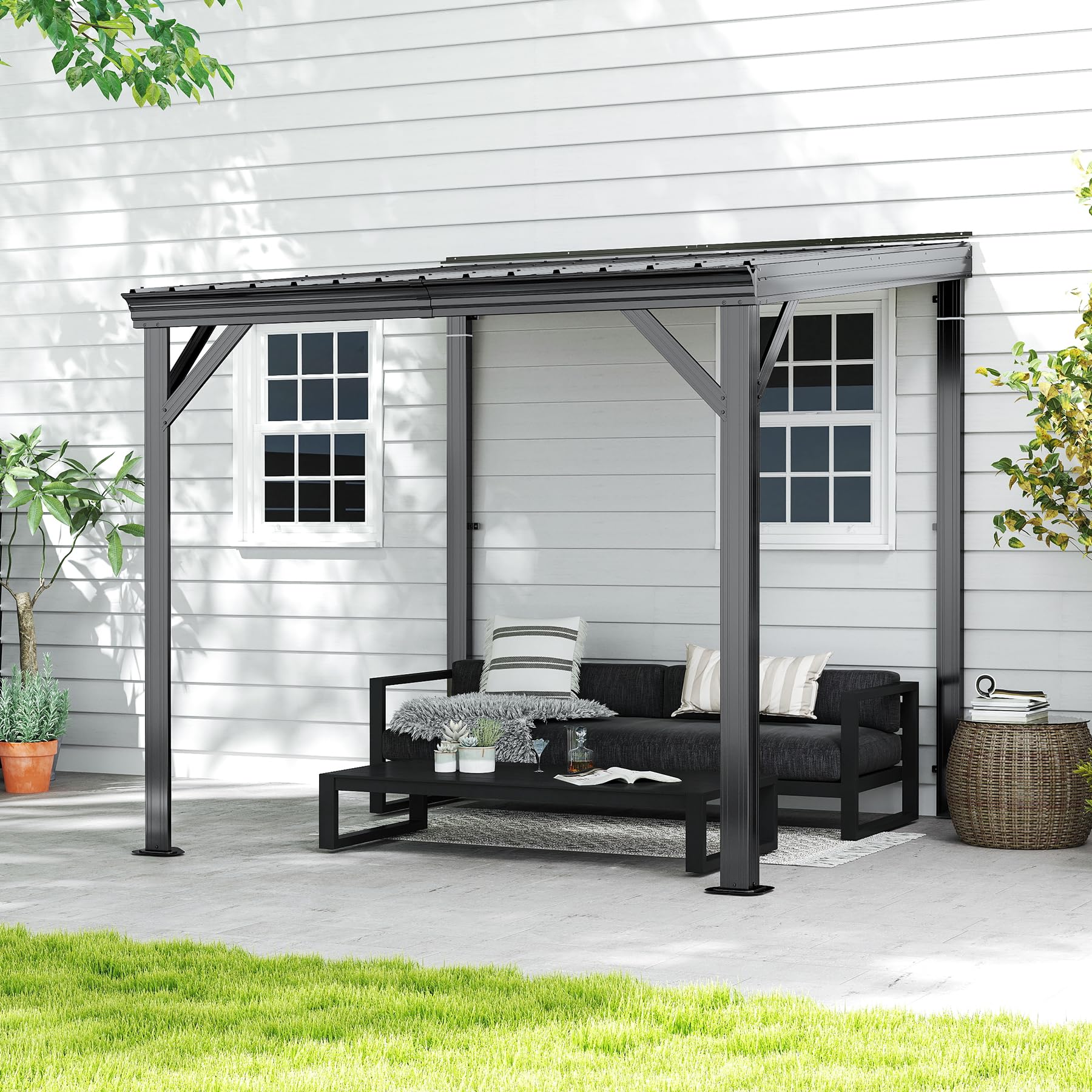 Domi 8x8 Lean to Gazebo Hardtop, Expandable Wall Mounted Pergola with Gutters & Galvanized Steel Roof, 60MPH Wind Resistance, 