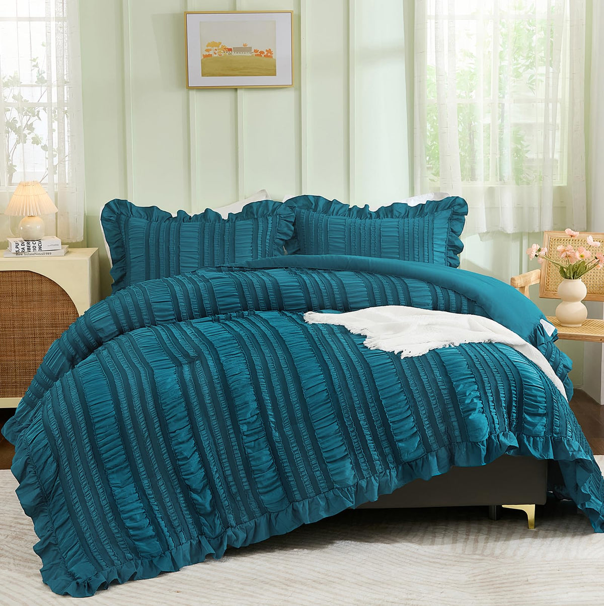 Wongs Bedding Teal Comforter Set King,3 Pieces Ruffle Farmhouse Shabby Chic Comforter For King Bed,Soft Textured Boho Bedding Se