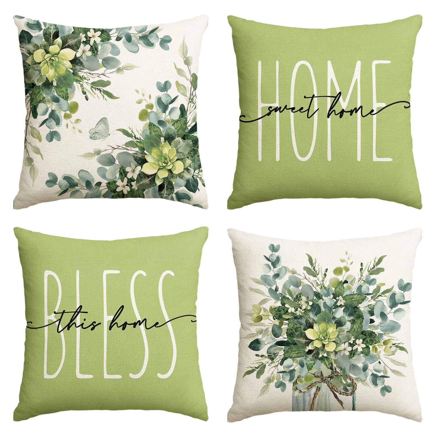 Avoin Colorlife Home Sweet Home Eucalyptus Leaves Green Throw Pillow Covers, 18X18 Inch Spring Summer Seasonal Decorations For H