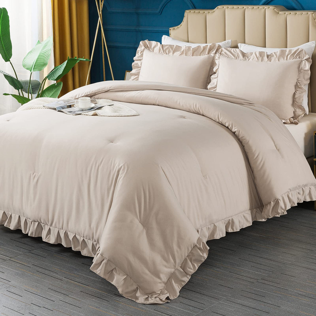 Andency Khaki Queen Comforter Set, 3 Pieces Farmhouse Shabby Chic Bedding Set For Queen Bed, All Season Soft Lightweight Microfi