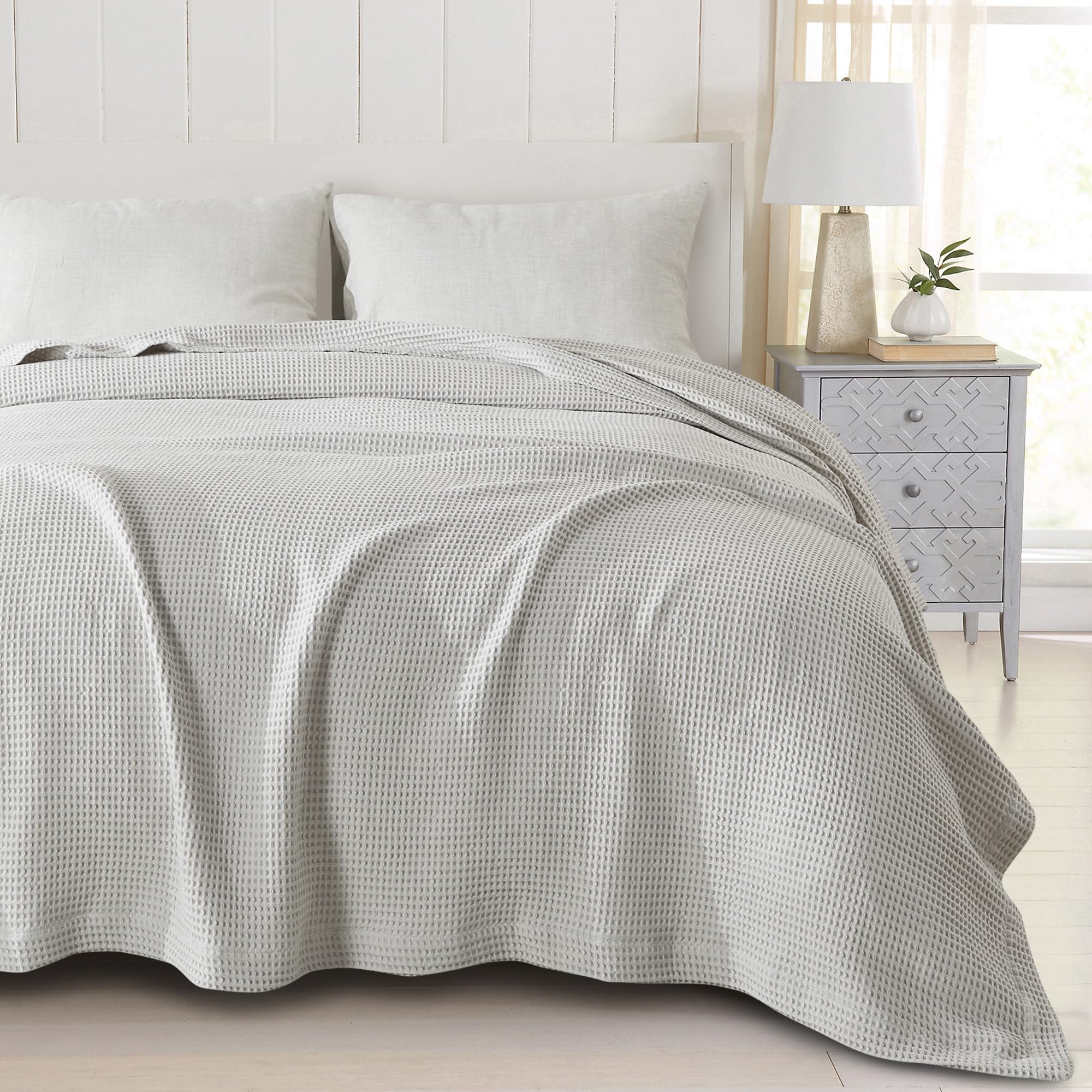100% Cotton Waffle Weave Thermal Blanket. Super Soft Season Layering. Mikala Collection (Full/Queen, Light Grey)