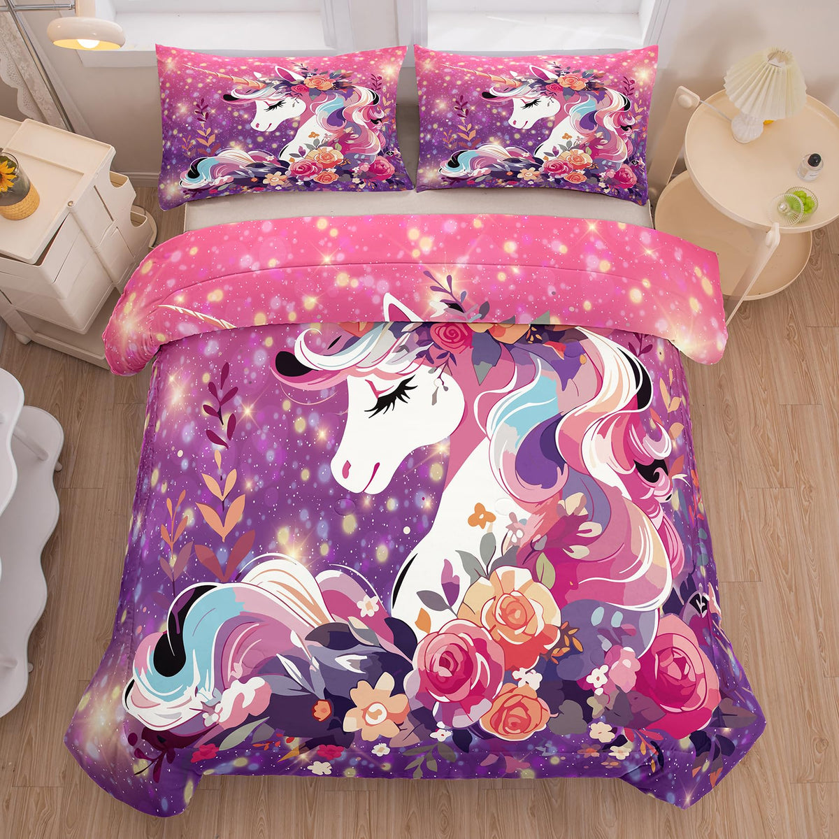 Tailor Shop Unicorn Bedding Twin Size 5 Pieces Unicorn Comforter Bed In A Bag For Girls/Kids Pink Comforter Set For Kids Girls U