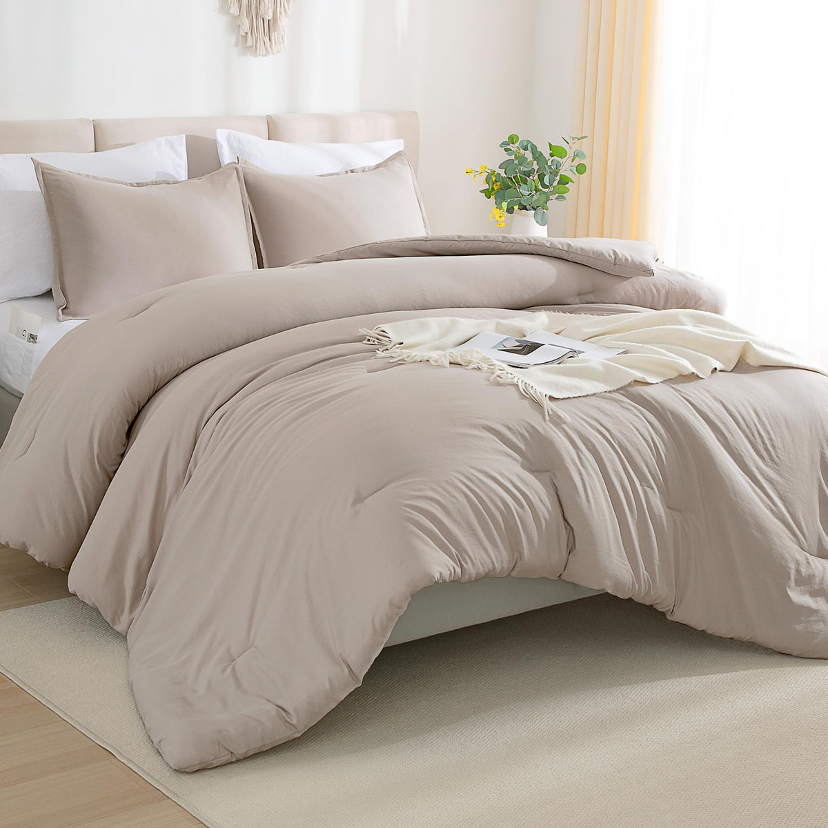 Andency King Size Comforter Set - 7 Pieces Bed In A Bag King Bedding Comforter Sets Oatmeal, Winter Solid Soft Lightweight Comfo