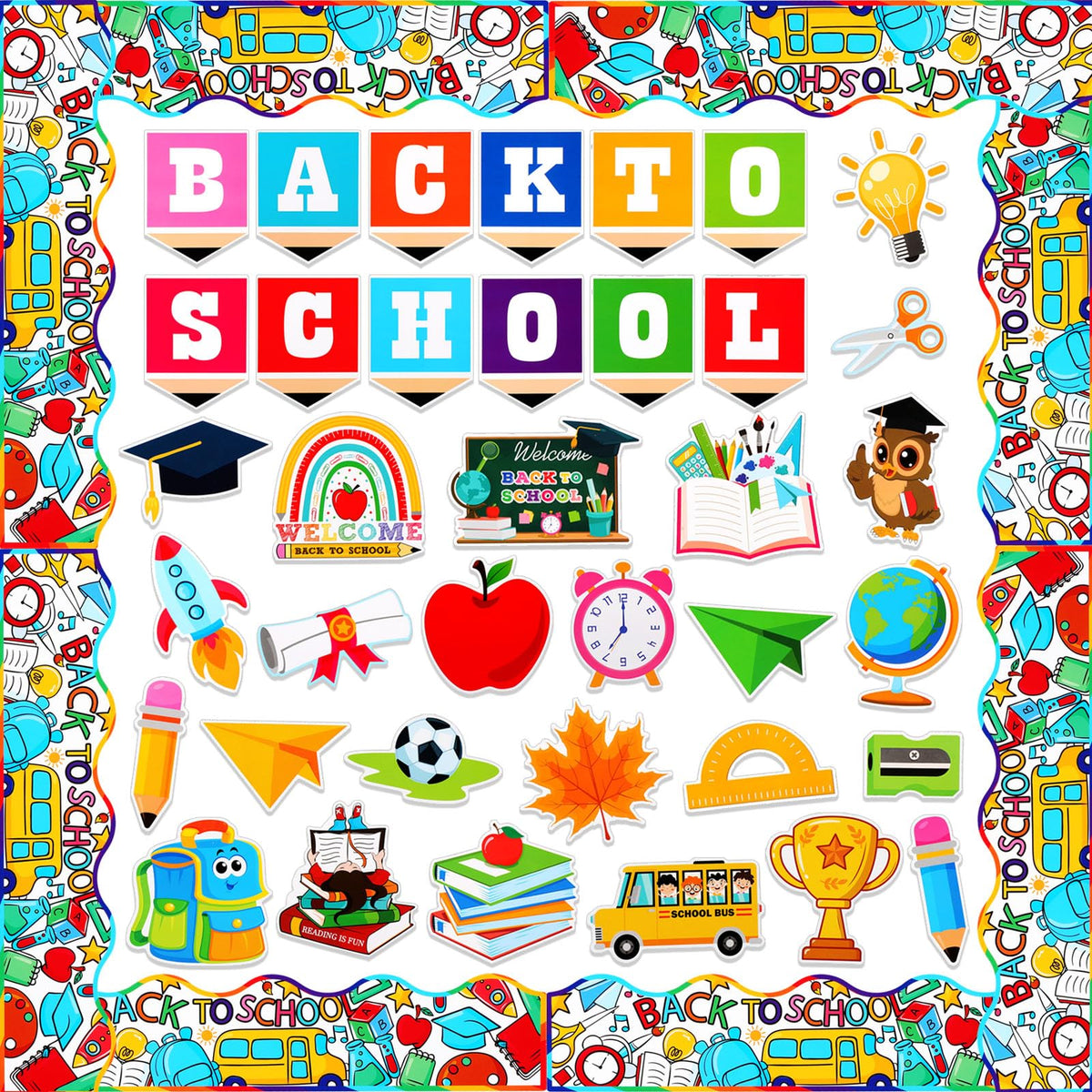 Howaf 69 Pcs Back To School Bulletin Board Decorations, First Day Of School Paper Cutouts Bulletin Board Stickers With 100 Glue