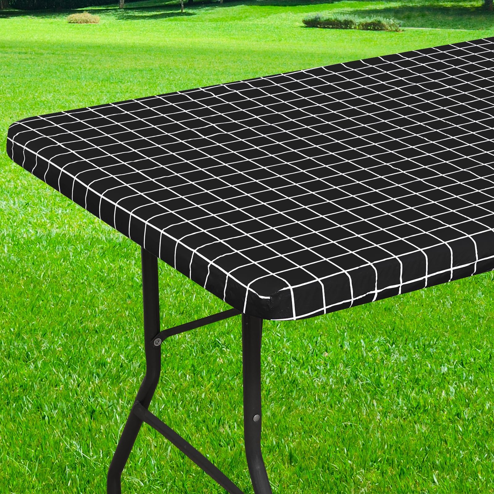Spotjoy Rectangle Table Cloth, Elastic Fitted Flannel Backed Plastic Table Covers For 5 Foot Folding Tables, Waterproof Vinyl Ta