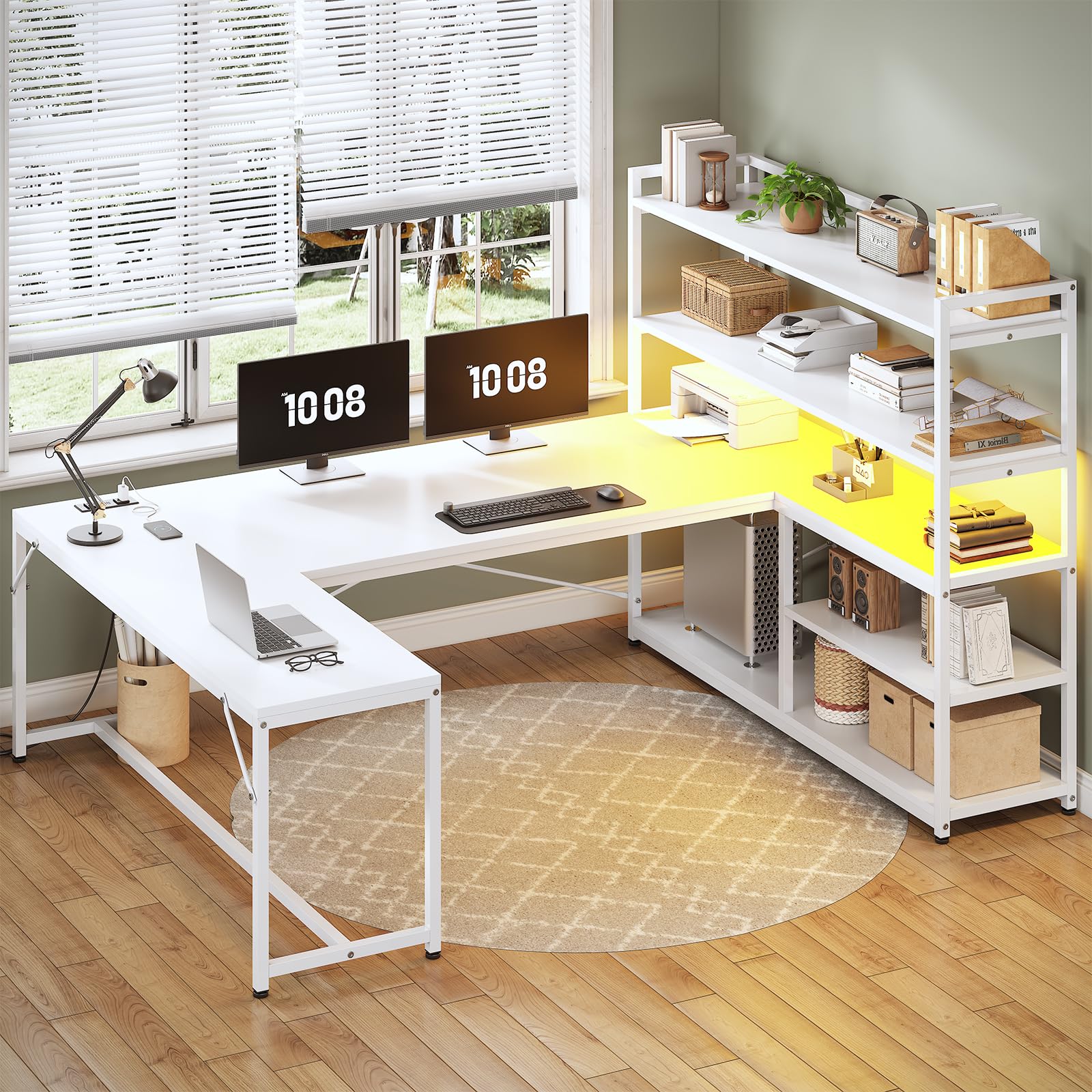 SEDETA L Shaped Computer Desk, 63    Reversible Office Desk or Corner Desk with Storage Shelves, White Gaming Desk with LED Ligh