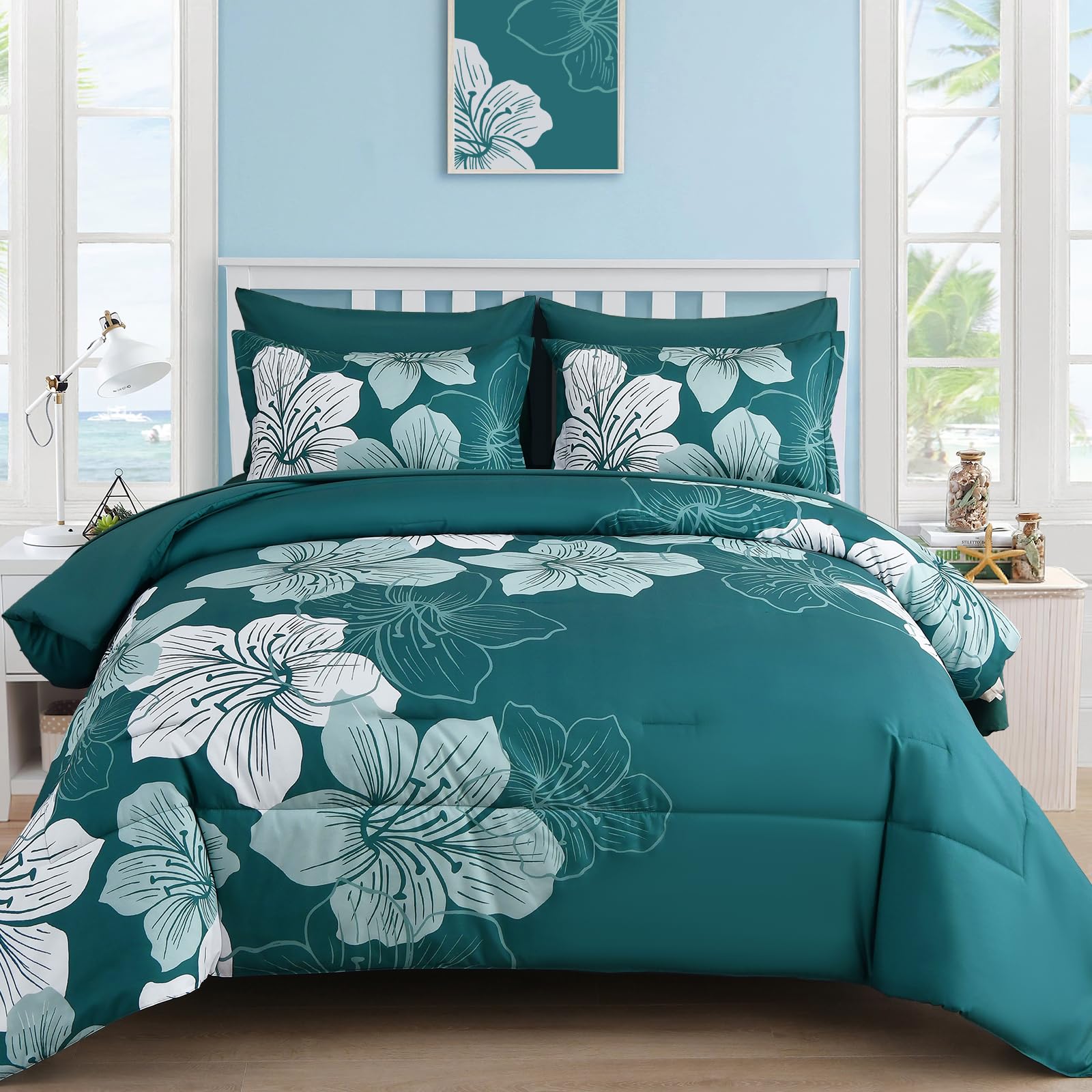 Luxudecor Floral Comforter Set Queen Size, 7 Pieces Bed In A Bag Teal Floral Comforter And Sheet Set, Soft Microfiber Teal Blue