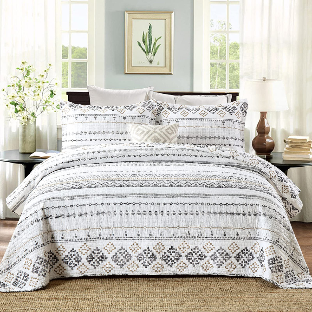 Y-Plwomen Queen Quilt, 100% Cotton Boho Queen Quilt Set, White/Gray Striped Geometric Quilt Sets Queen, Bohemian Lightweight Sof
