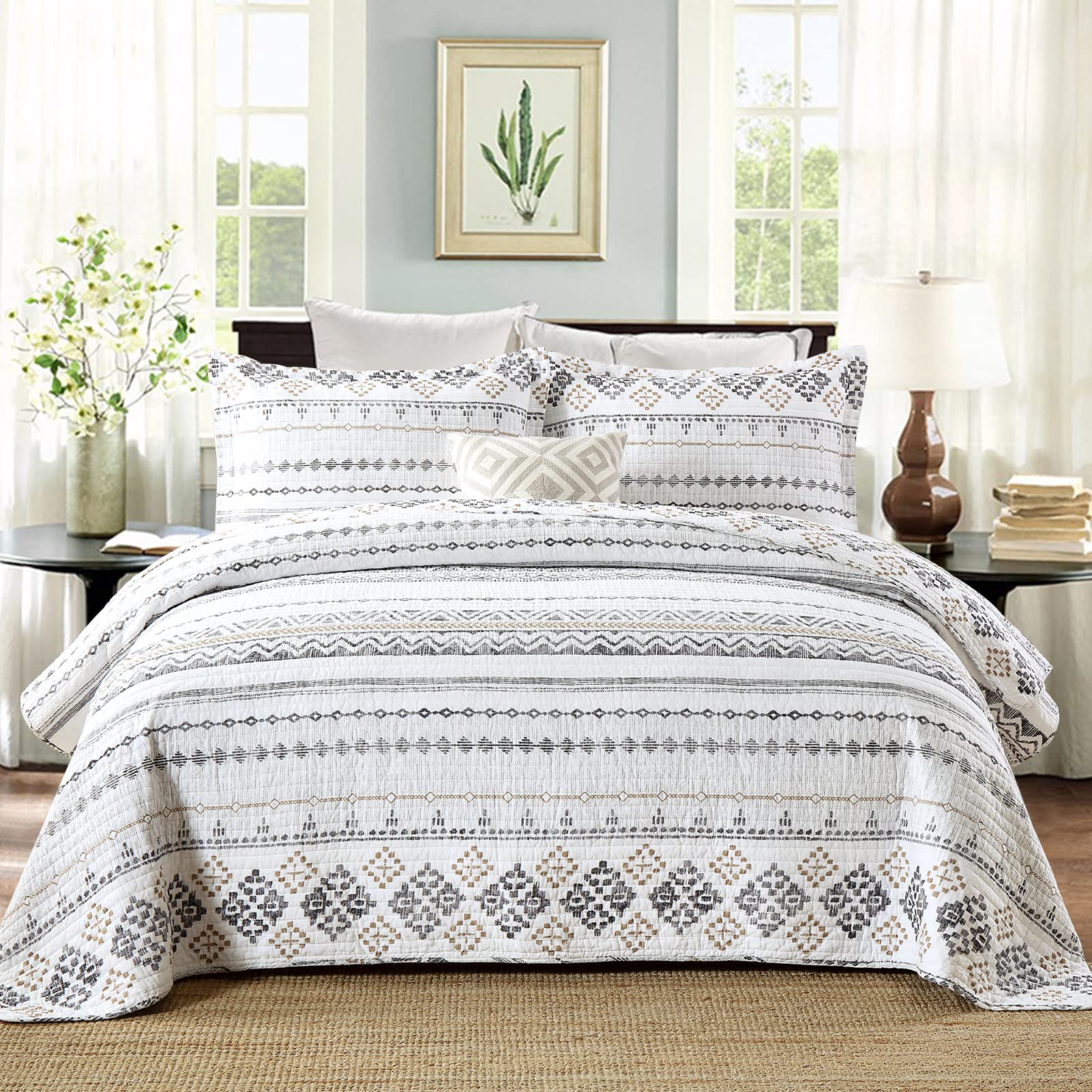Y-Plwomen Queen Quilt, 100% Cotton Boho Queen Quilt Set, White/Gray Striped Geometric Quilt Sets Queen, Bohemian Lightweight Sof