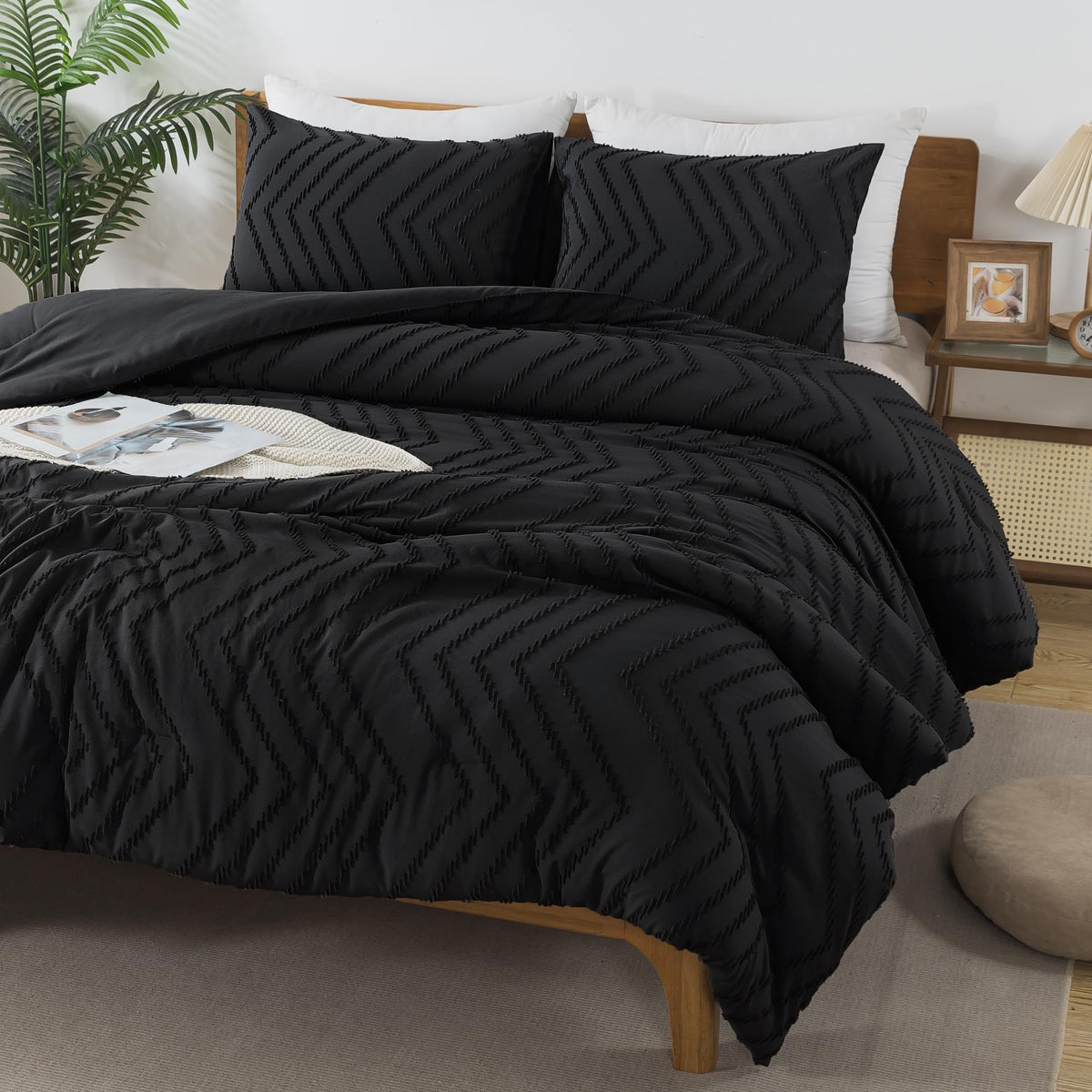 Andency Black Comforter Queen, Boho Soft Fluffy Warm Lightweight Bedding Comforter Sets For Queen Bed, 3 Pieces Chevron Tufted A