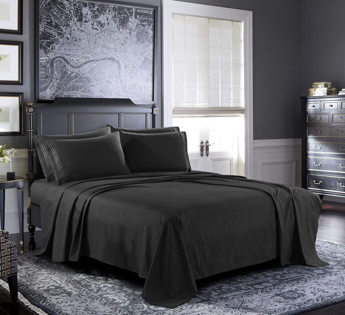 Pure Bedding Bed Sheets - Full Sheet Set 6-Piece, Black] - Hotel Luxury 1800 Brushed Microfiber - Soft And Breathable - Deep Poc