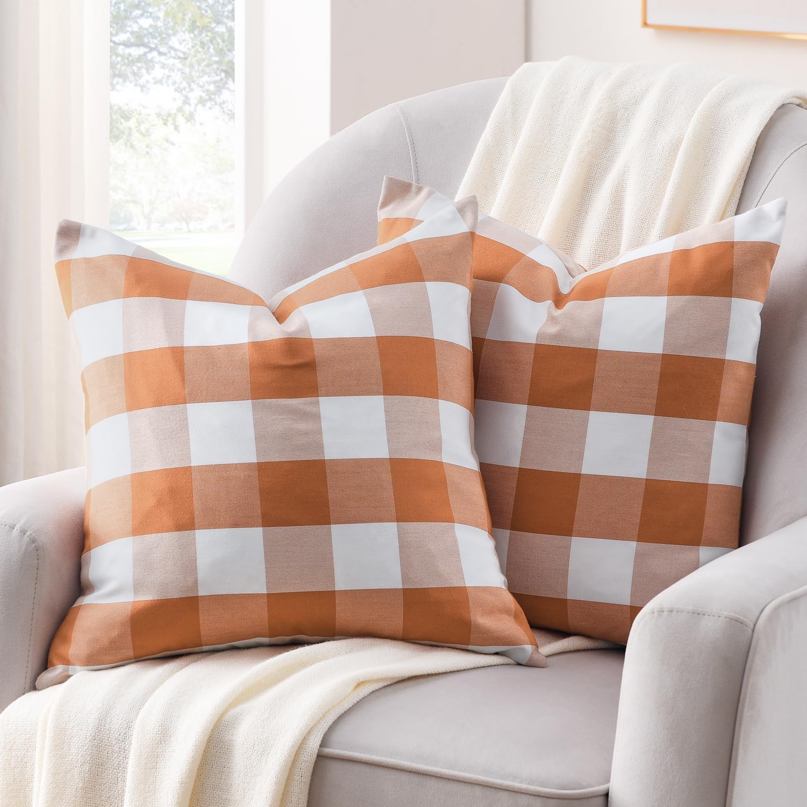 Volcanics Fall Pillow Covers 18X18 Inches Set Of 2, Orange And White Farmhouse Buffalo Check Plaid Throw Pillow Covers, Hallowee