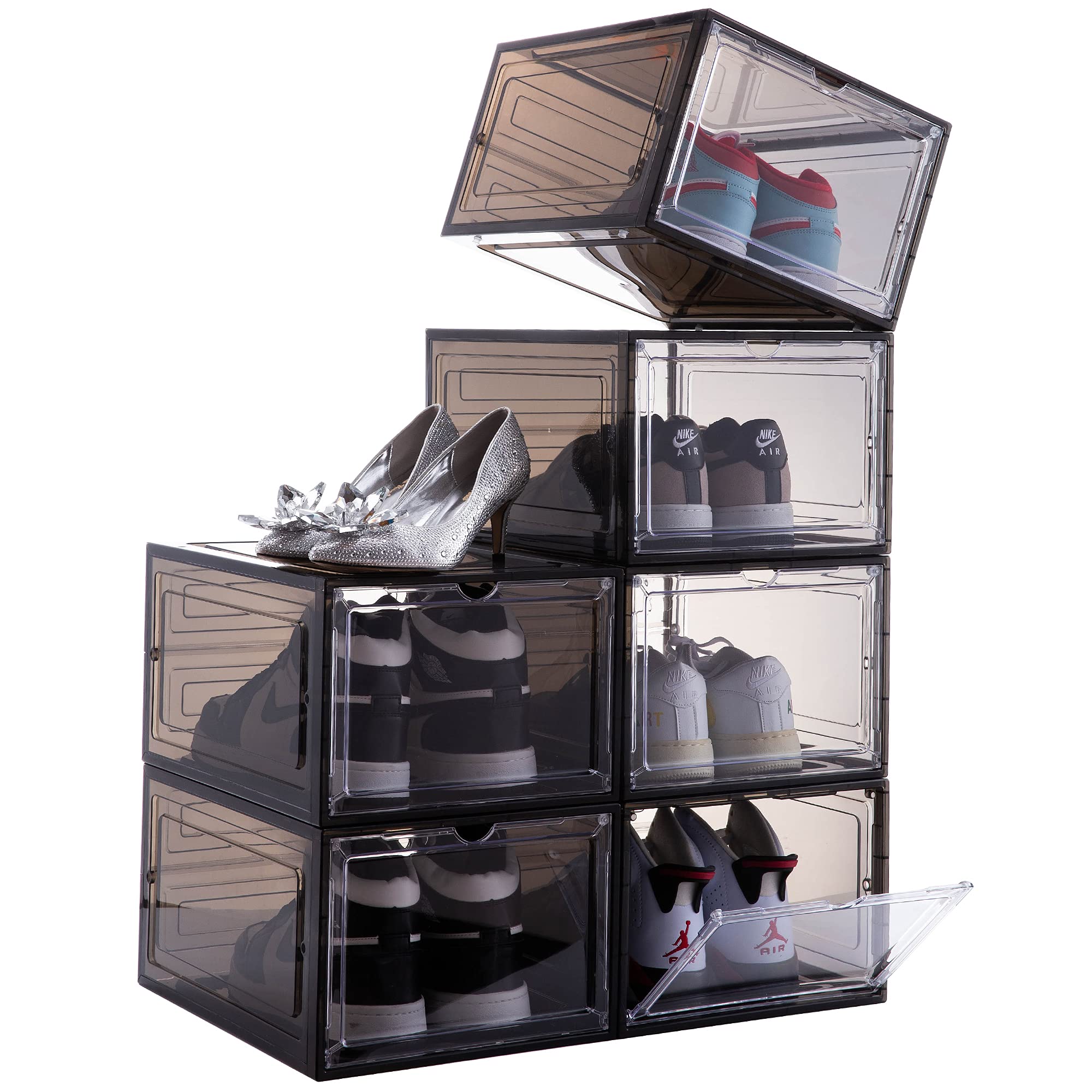 Attelite Drop Front Shoe Box,Set of 6,Stackable Plastic Shoe Box with Clear Door,As Shoe Storage Box and Clear Shoe Box,For Disp
