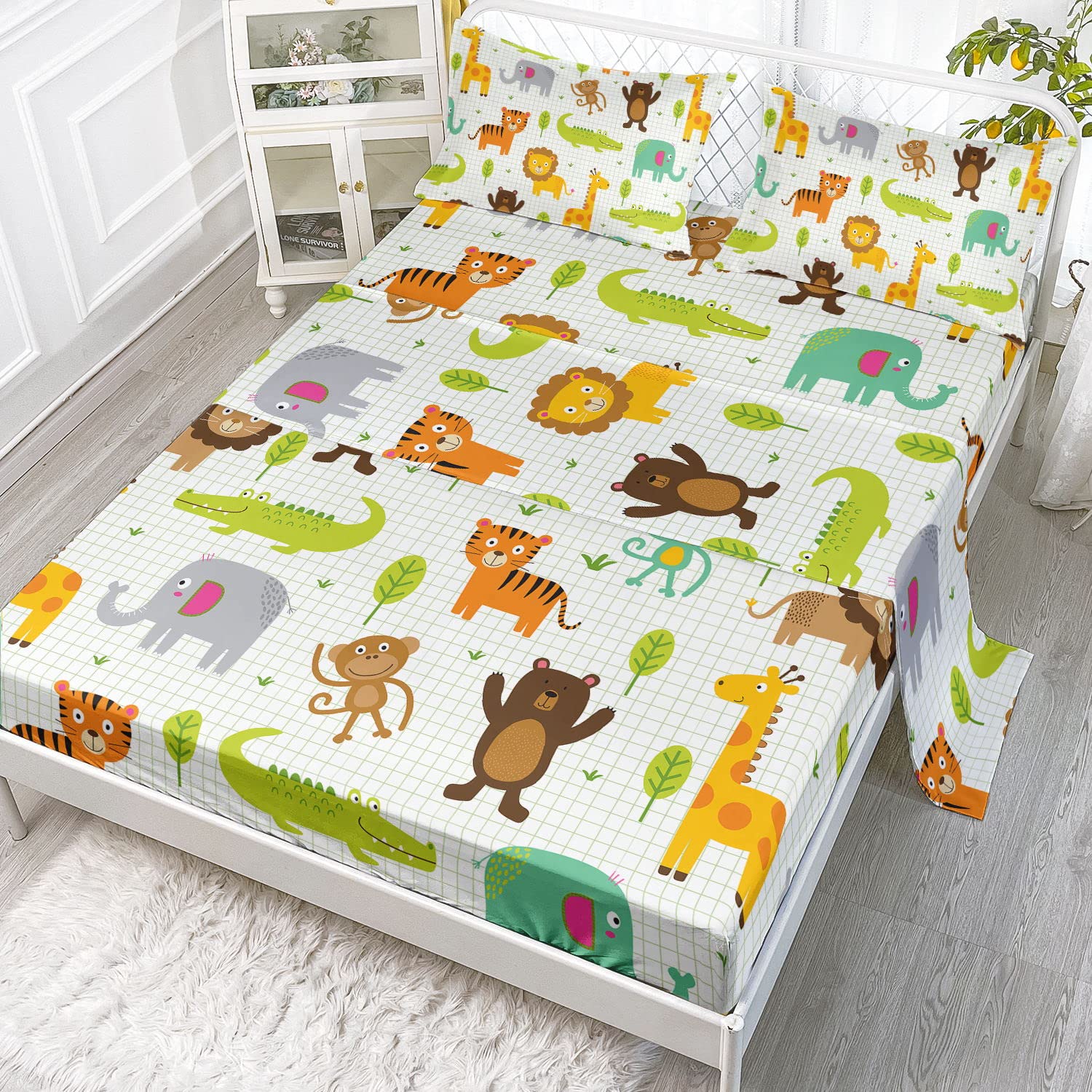 Datura Home Kawaii Sheet Set 4Pcs Fitted And Flat Girls Boys Woodland Wild Animal Printed With 1 + 2 Pillowcases(Wild Animal Twi