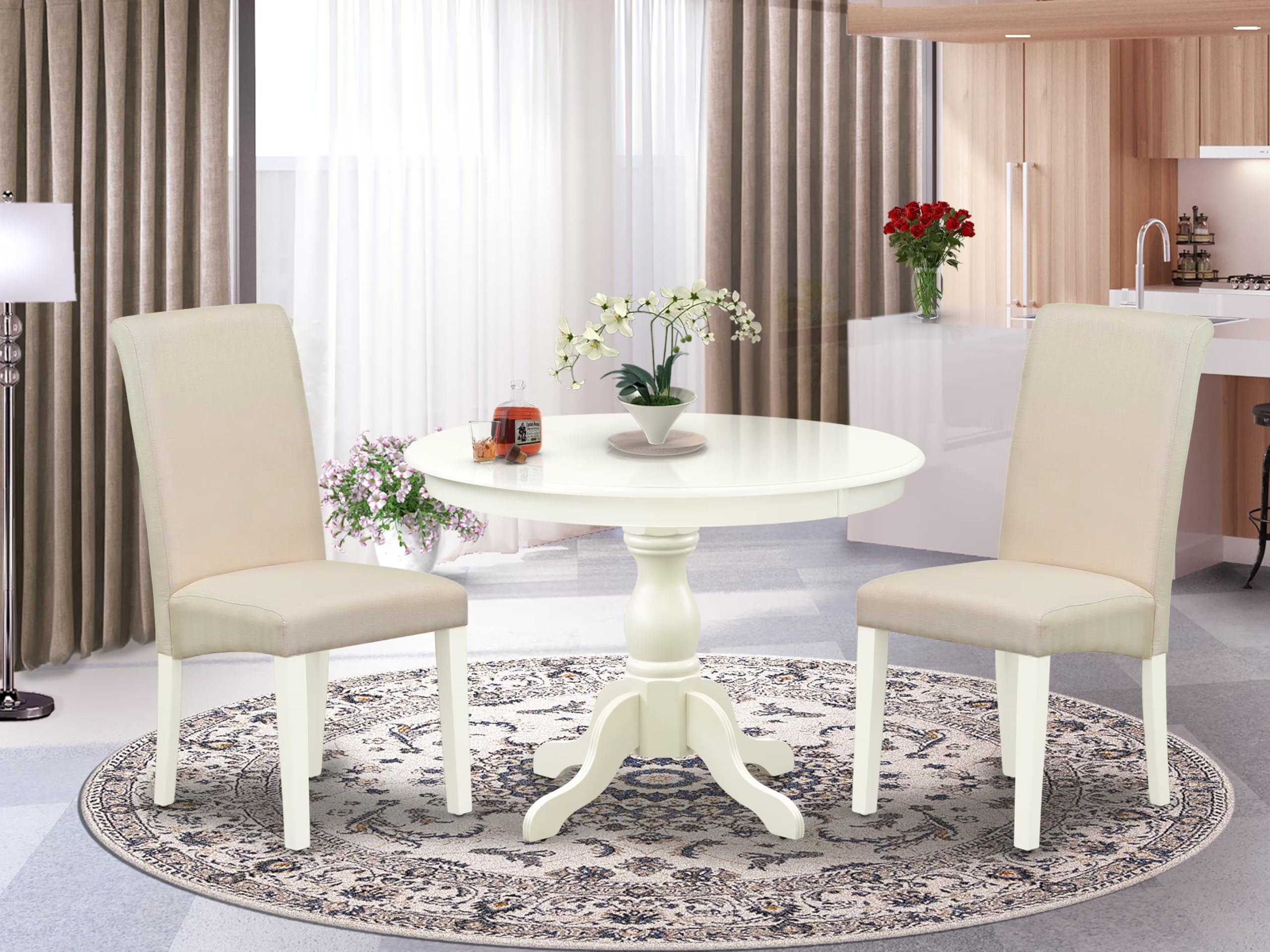 East West Furniture HBBA3-LWH-01 3 Piece Modern Dining Table Set Contains a Round Wooden Table with Pedestal and 2 Cream Linen Fabric Upholstered Parson Chairs, 42x42 Inch, Linen White