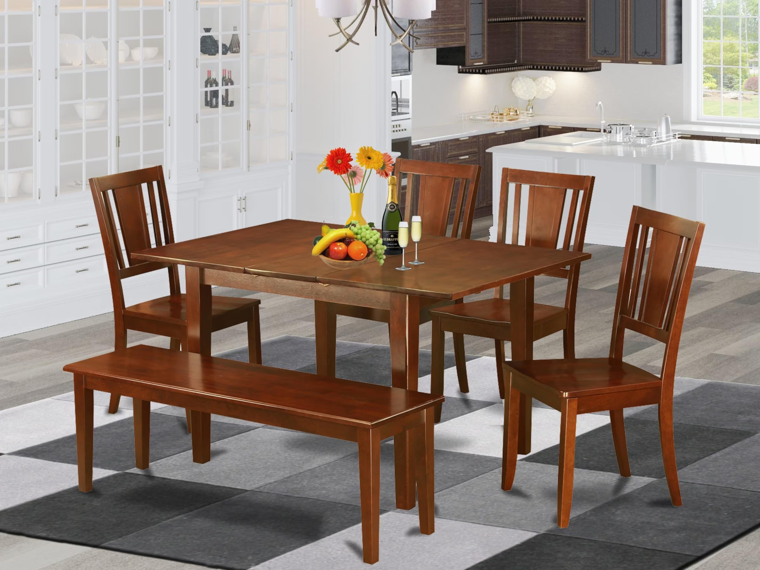 East West Furniture PSDU6D-MAH-W 6 Piece Dining Room Table Set Contains a Rectangle Kitchen Table with Butterfly Leaf and 4 Dining Chairs with a Bench, 32x60 Inch, Mahogany