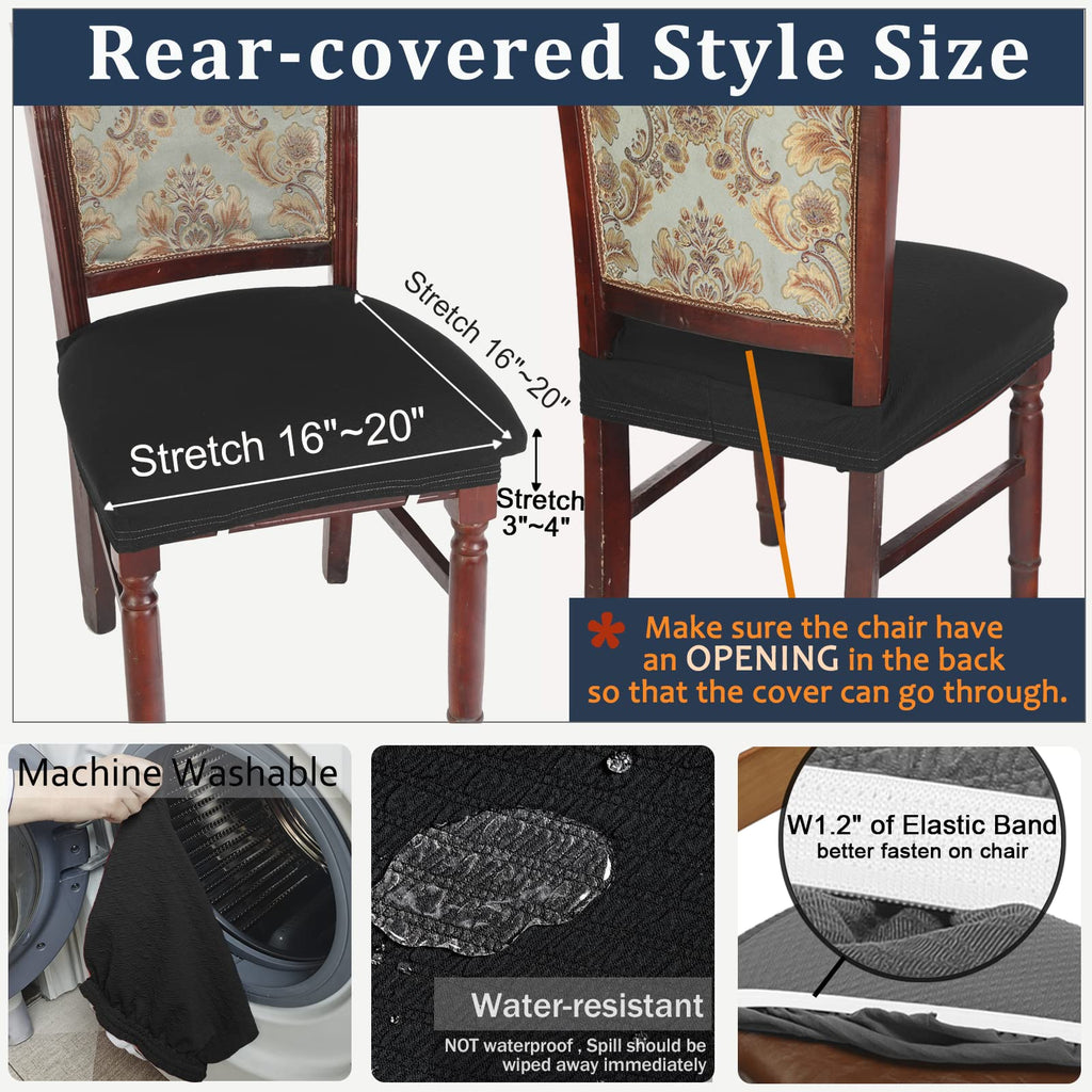 Buyue Luxury Dining Room Chair Covers Set Of 6, Easy Installation Stretchy Jacquard Armless Kitchen Chair Seat Protectors, Rear Covered- Black- 6