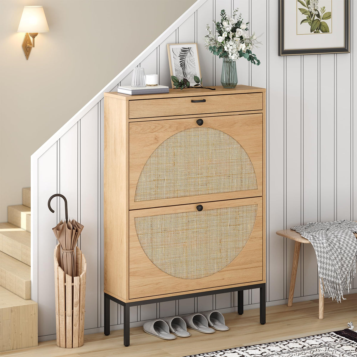 Brafab Shoe Storage Cabinet with 2 Flip Drawers, Slim Entryway Upgraded Large Shoe Cabinet Shoe Organizer with Half Round Woven 