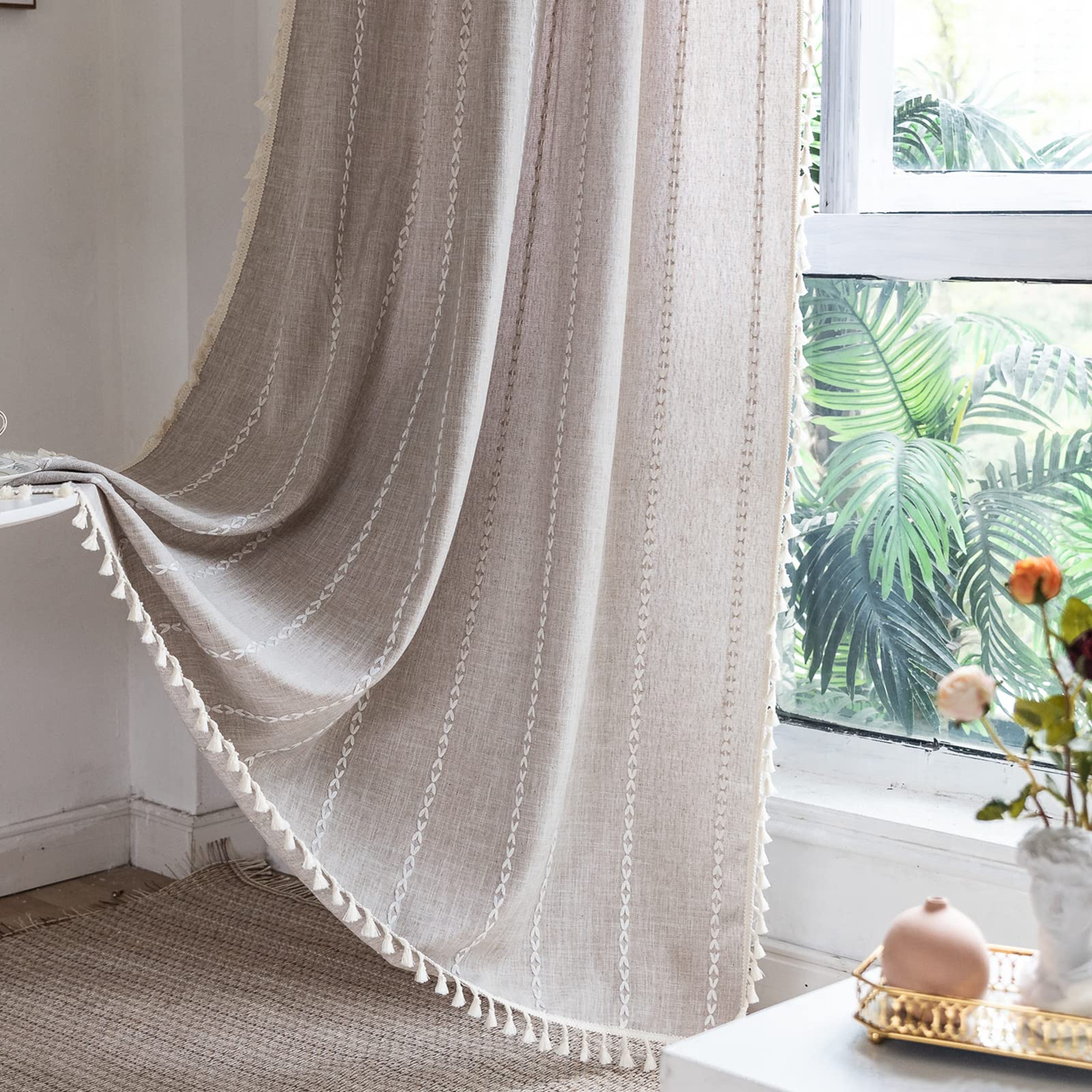 Roomtalks Boho Farmhouse Curtains For Bedroom Living Room 84 Inch Length In Tan French Cabin Rustic Country Cute Cotton Polyeste