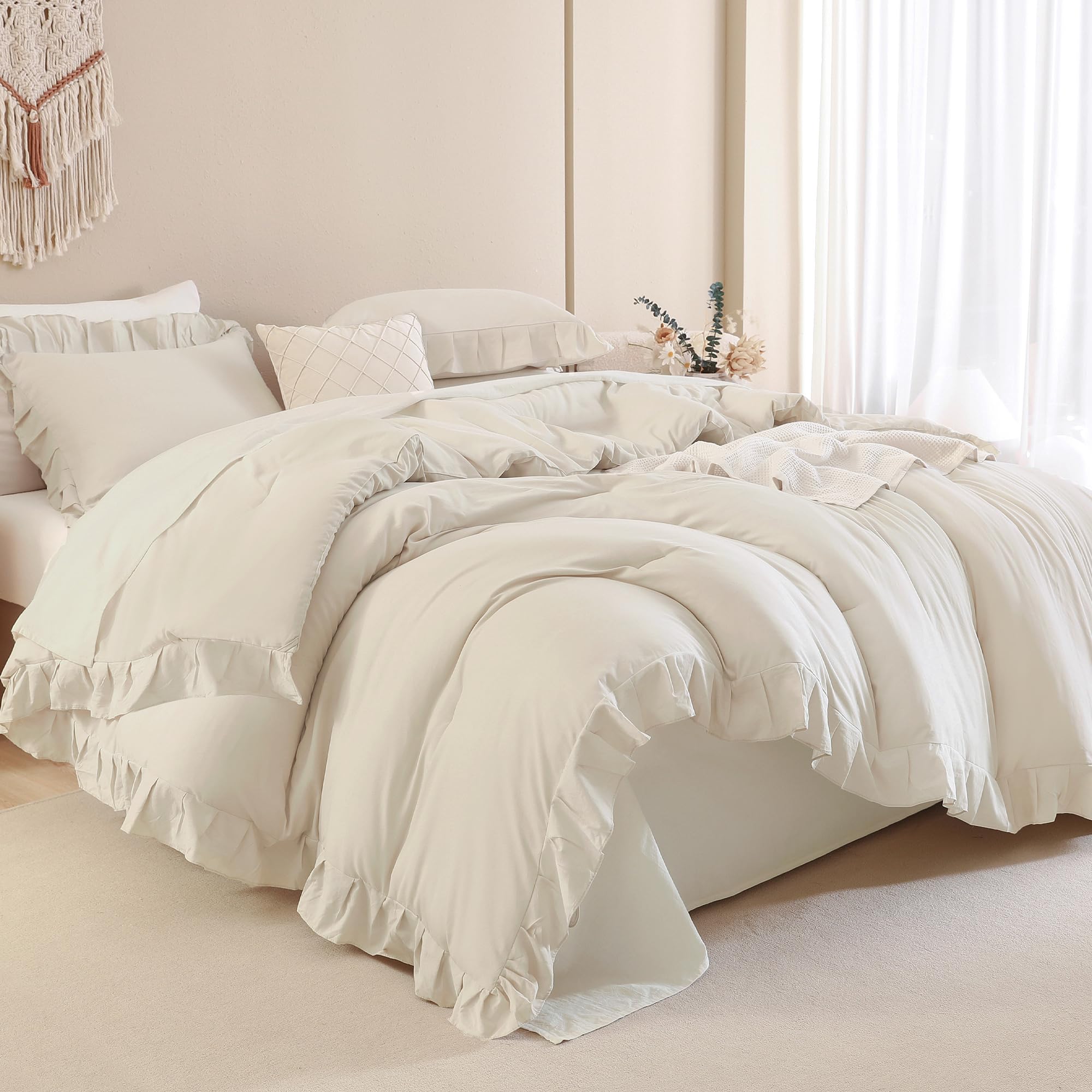 Andency Beige Comforter Set Queen Size, 3 Pieces Shabby Chic Ruffle Bedding Comforter Sets For Queen Bed, Lightweight Fluffy Soft Microfiber Farmhouse Comforter Set