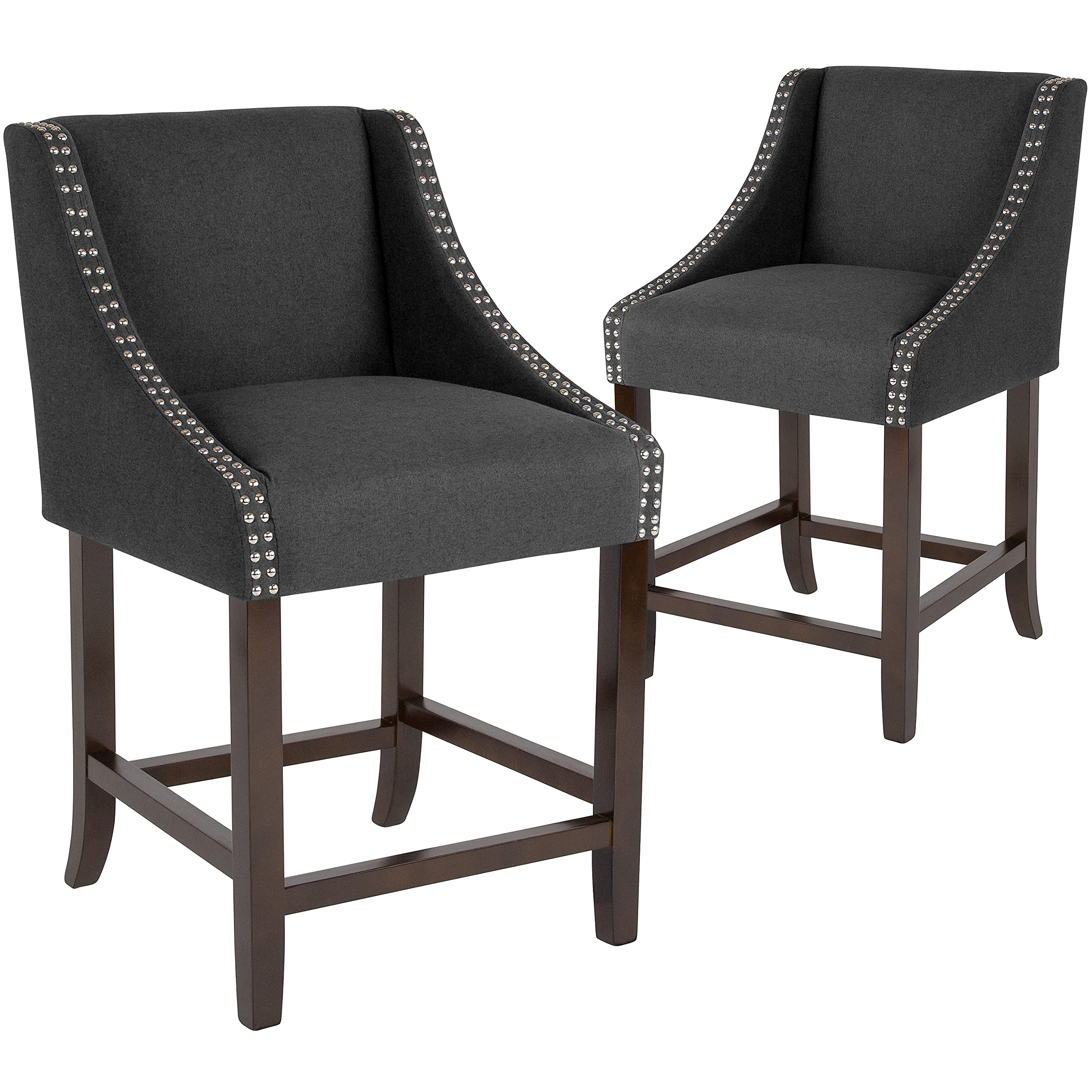 Flash Furniture Carmel Series 24 High Transitional Walnut Counter Height Stool with Nail Trim in Charcoal Fabric, Set of 2