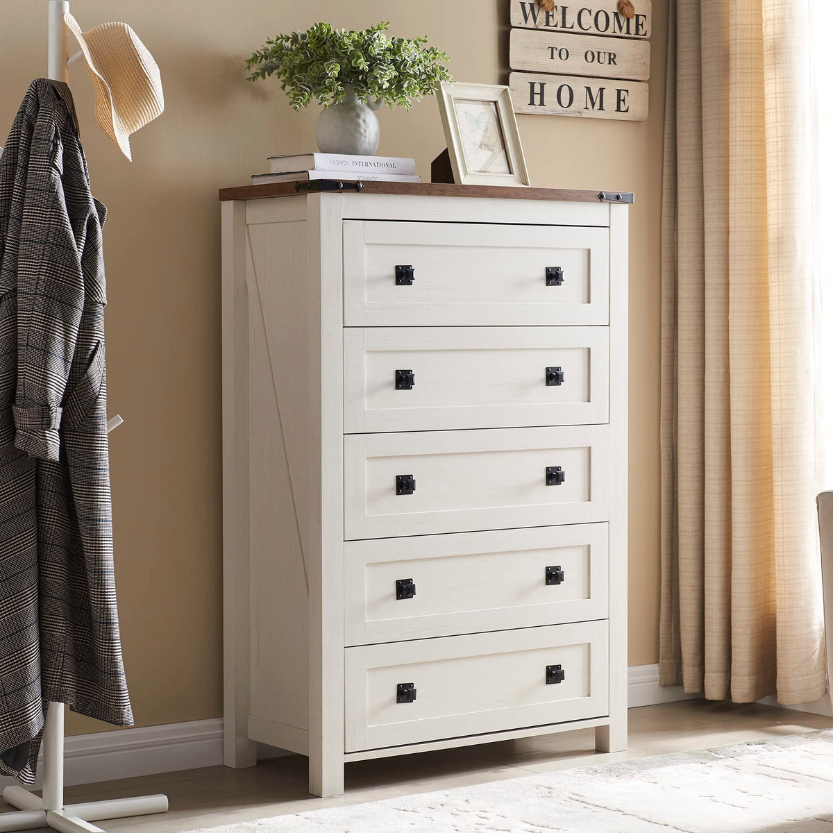 T4Tream Farmhouse 7 Drawers Dresser Wood Rustic Tv Stand, Storage Organizer For Bedroom, Living Room,Hallway, Antique White