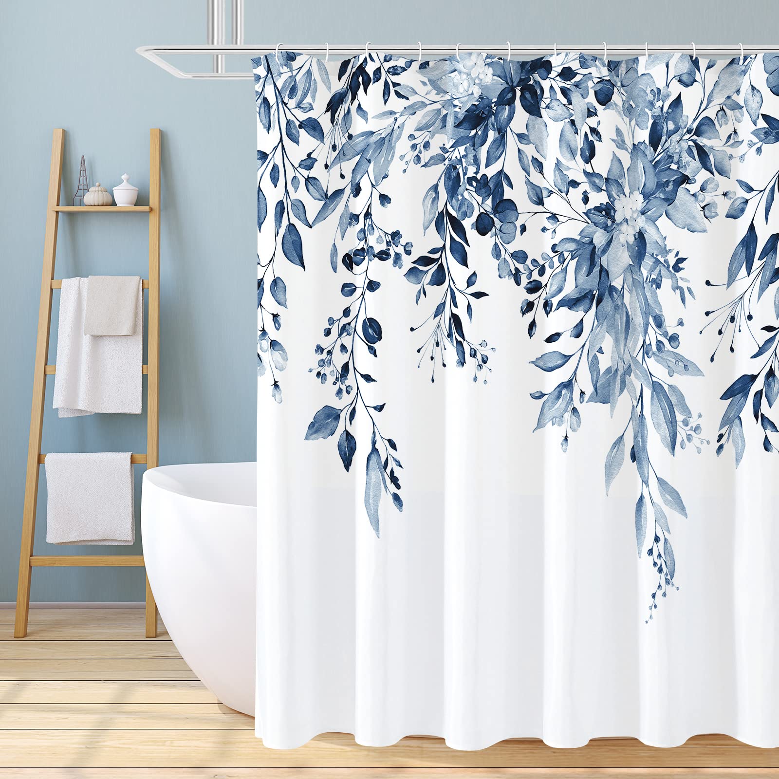 Gibelle Long Shower Curtain 72 x 78, Navy Blue Floral Shower Curtain for Bathroom, Watercolor Plant Eucalyptus Leaves Fabric Sho