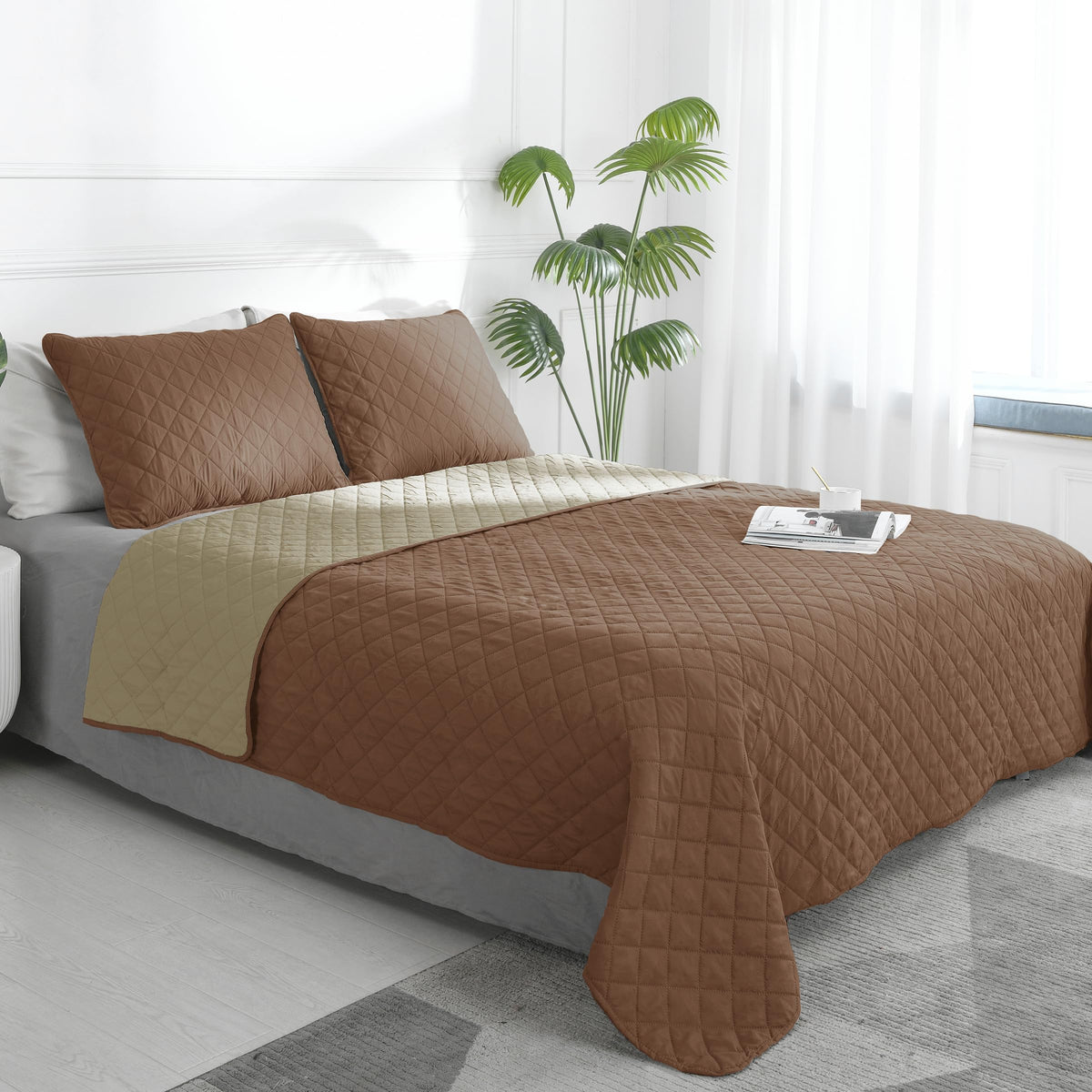 Easy-Going Twin Size Reversible Quilt Set With 1 Quilt And 1 Pillow Sham, Soft Bed Quilt Cover, Water Resistant Lightweight Micr