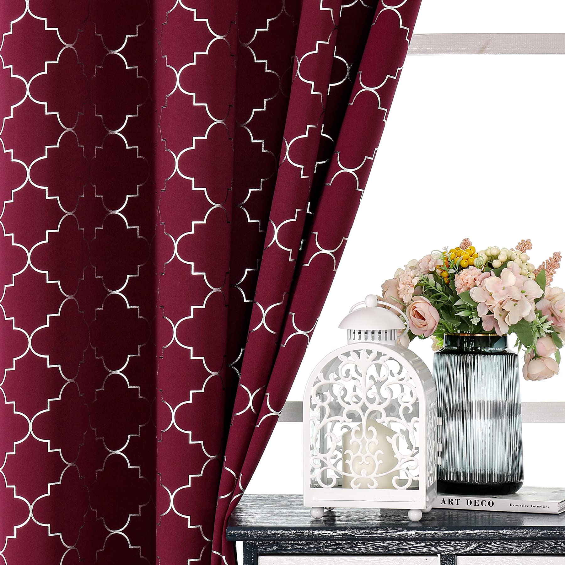 Enactex 100% Full Blackout Curtains Thermal Insulated Drapes 95 Inch Long For Bedroom, Red Drapery With Silver Geometric Pattern