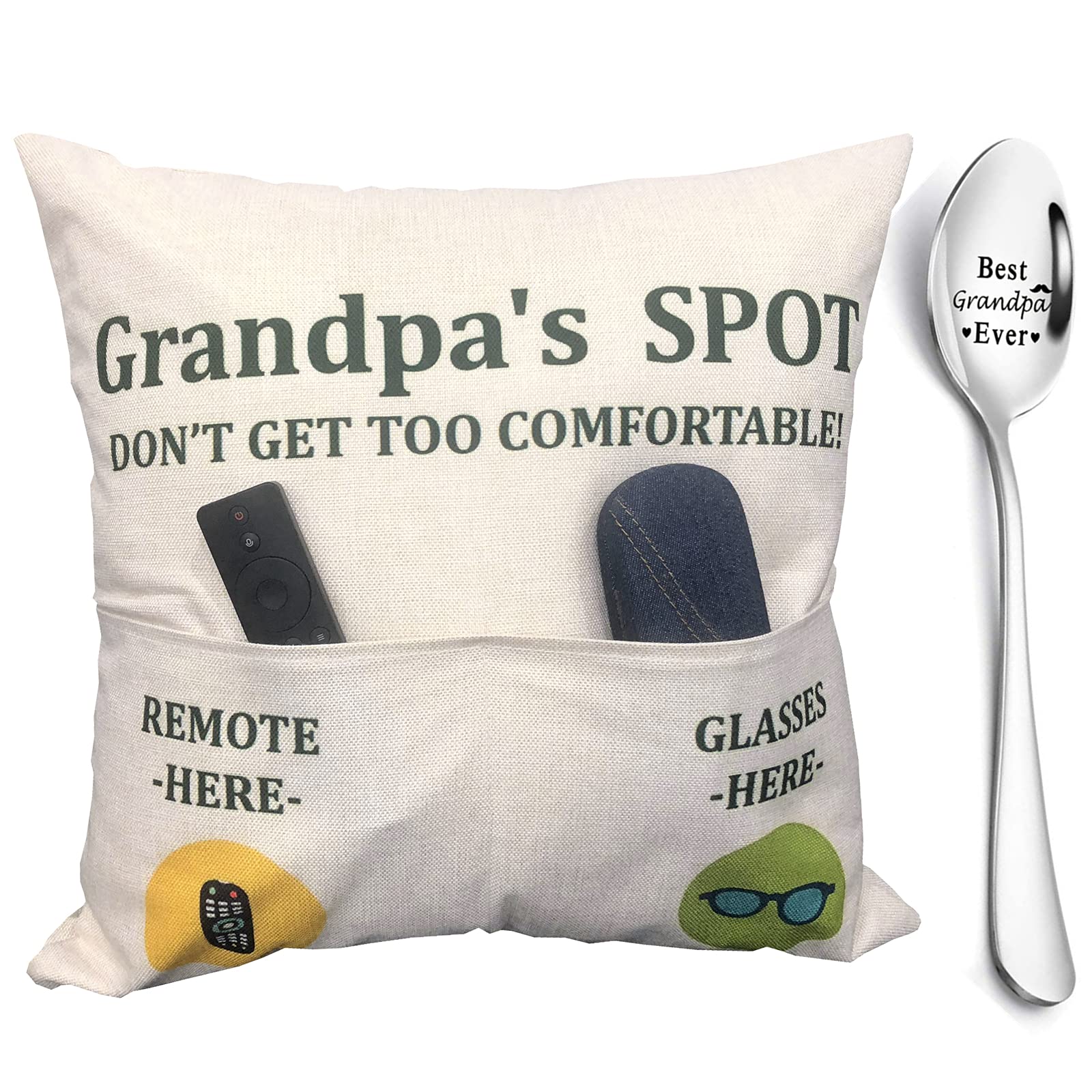 Zuyurou Grandpa Gifts,2-Pocket Grandpas Spot Throw Pillow Covers 18X18 Inch + Engraved Spoon, Fathers Day Birthday Christmas Tha