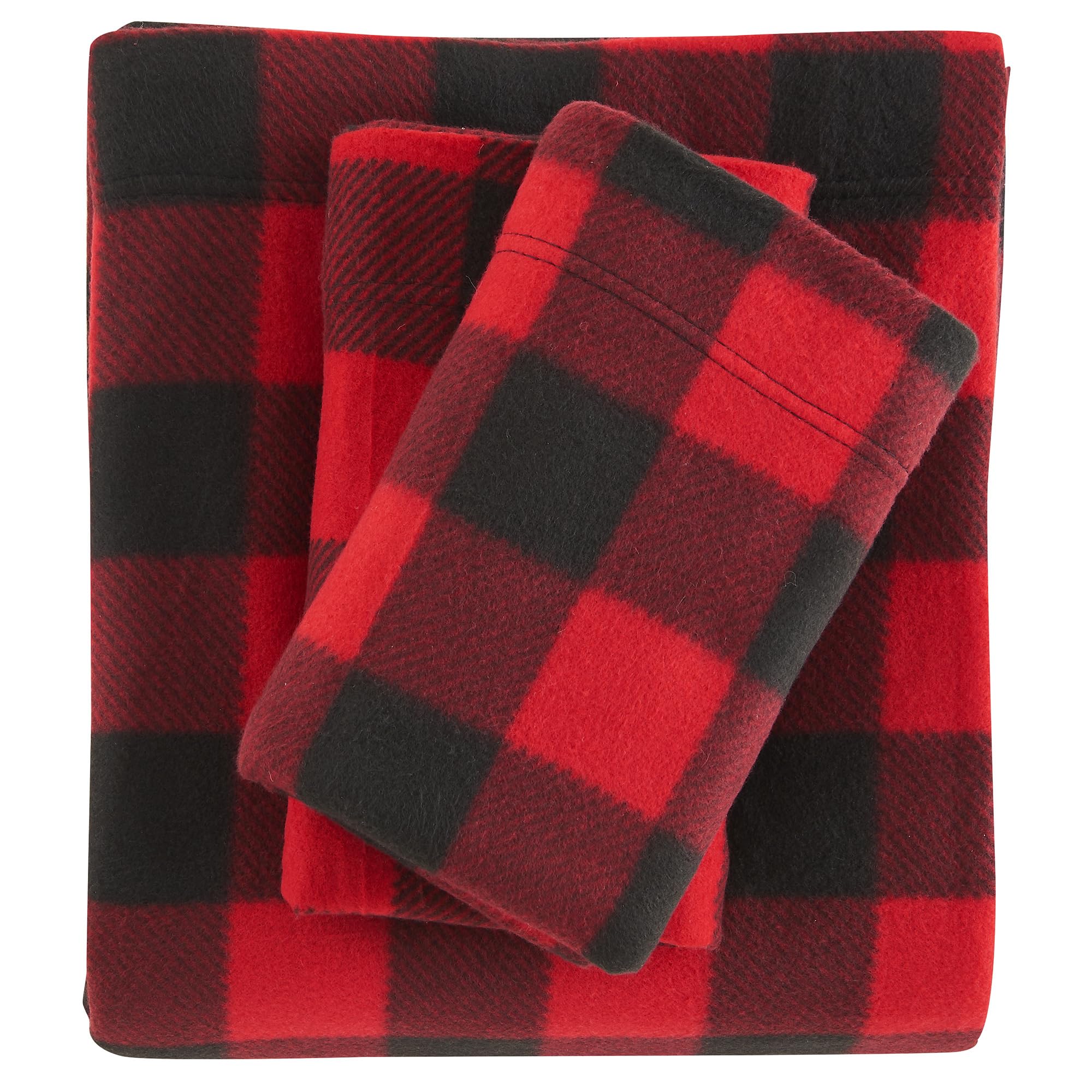 Viviland Plush Micro Fleece Buffalo Plaid Red And Black Holiday King Bed Sheet Set - Soft Polar Fleece Velvet Sheets - Extra War