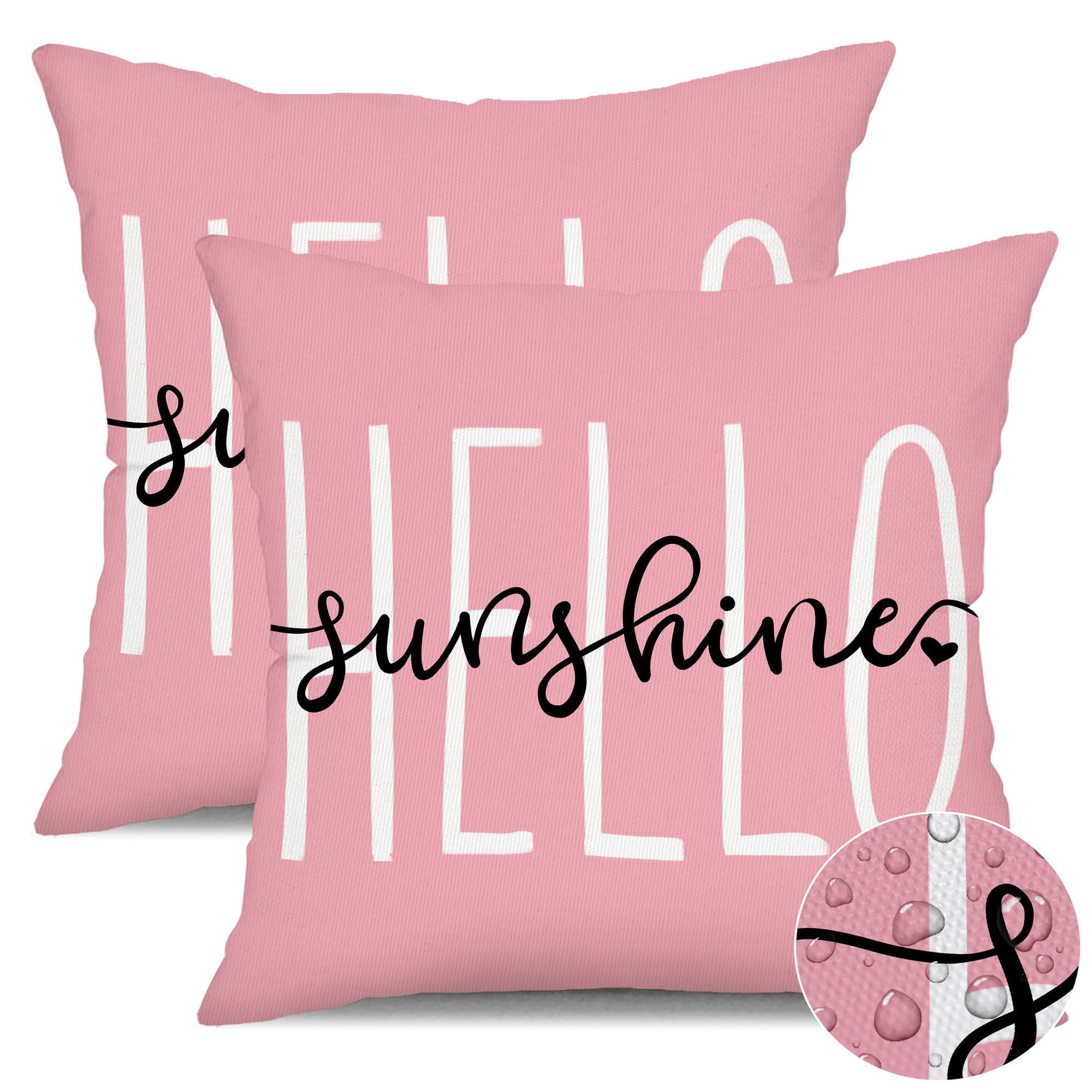 Dfxsz Outdoor Pillow Covers 18X18 Inch Set Of 2 Hello Sunshine Decor Pink Waterproof Throw Pillow Covers Summer Outdoor Waterpro
