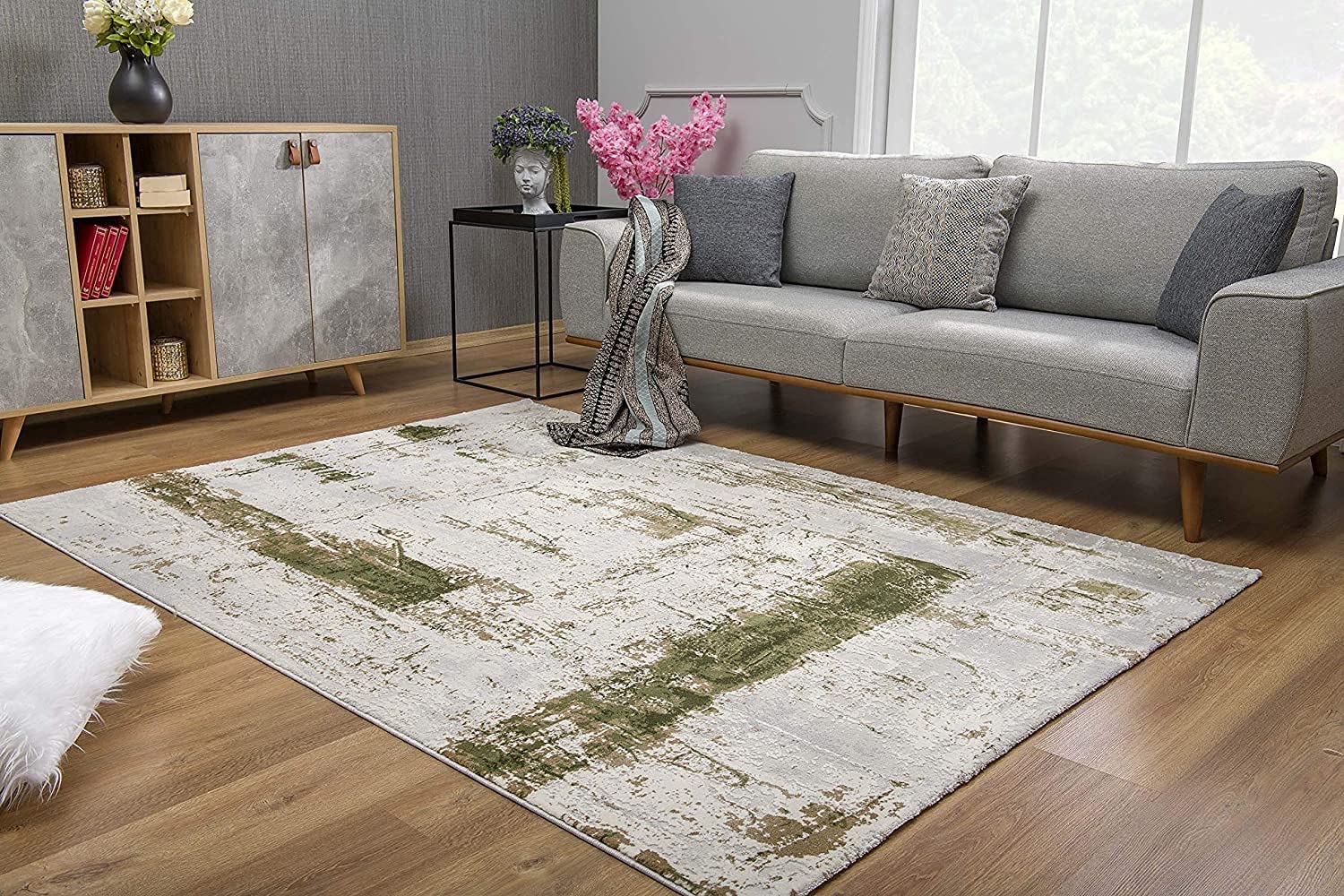HomeRoots 100% High Grade Polypropylene 3â€ x 5â€ Green and Ivory Distressed Area Rug