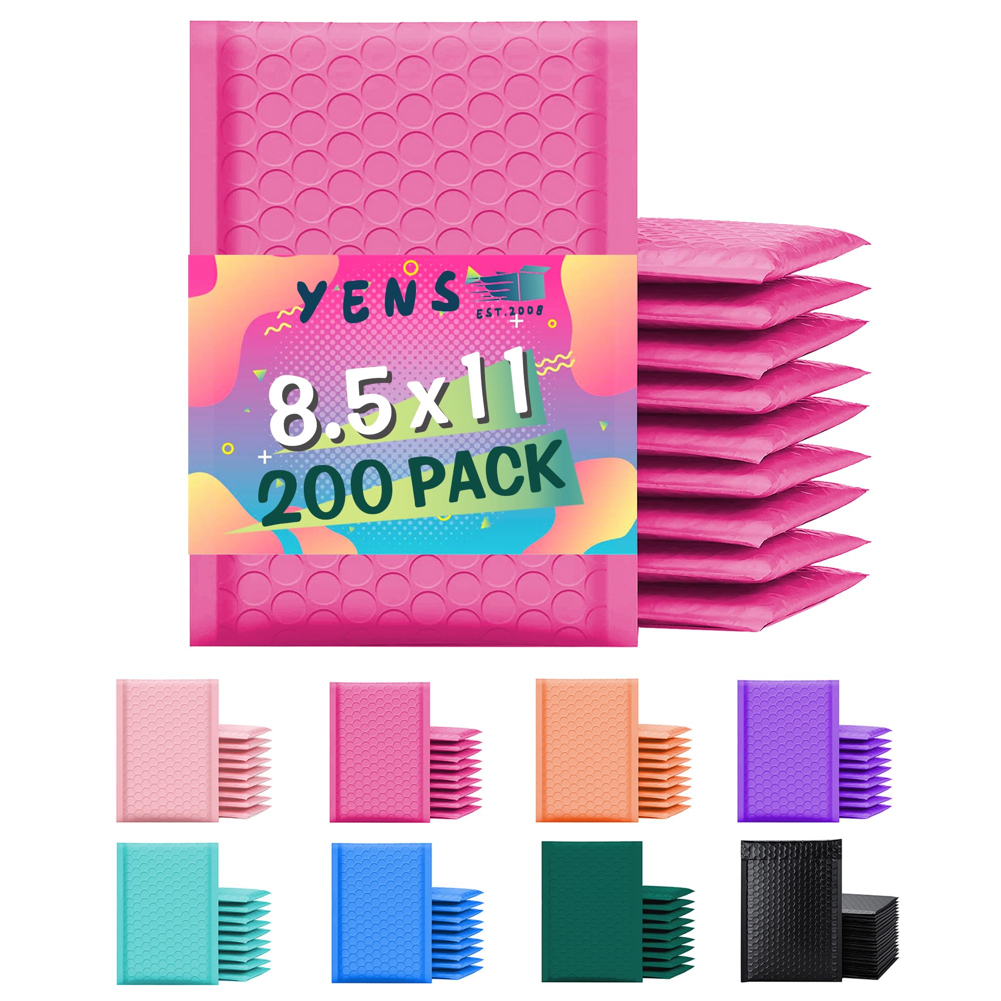 Yens Poly Bubble Mailers 8.5X12 200 Pack Hot Pink Waterproof Self Seal Adhesive Shipping Bags, Cushioning Padded Envelopes For S