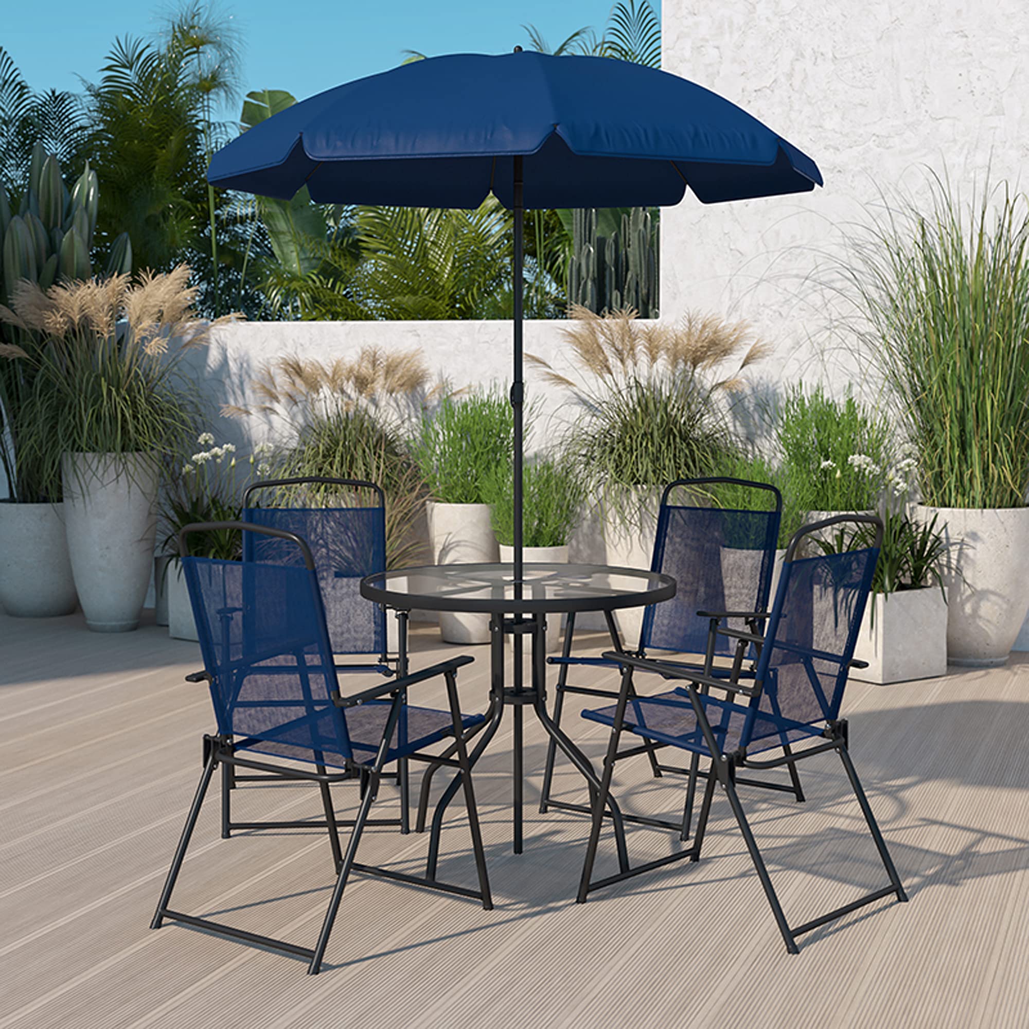 Flash Furniture Nantucket 6-Piece Patio Dining Set with Glass Table, 4 Folding Chairs, and Umbrella, Outdoor Patio Table, Chairs, Umbrella Set, Navy