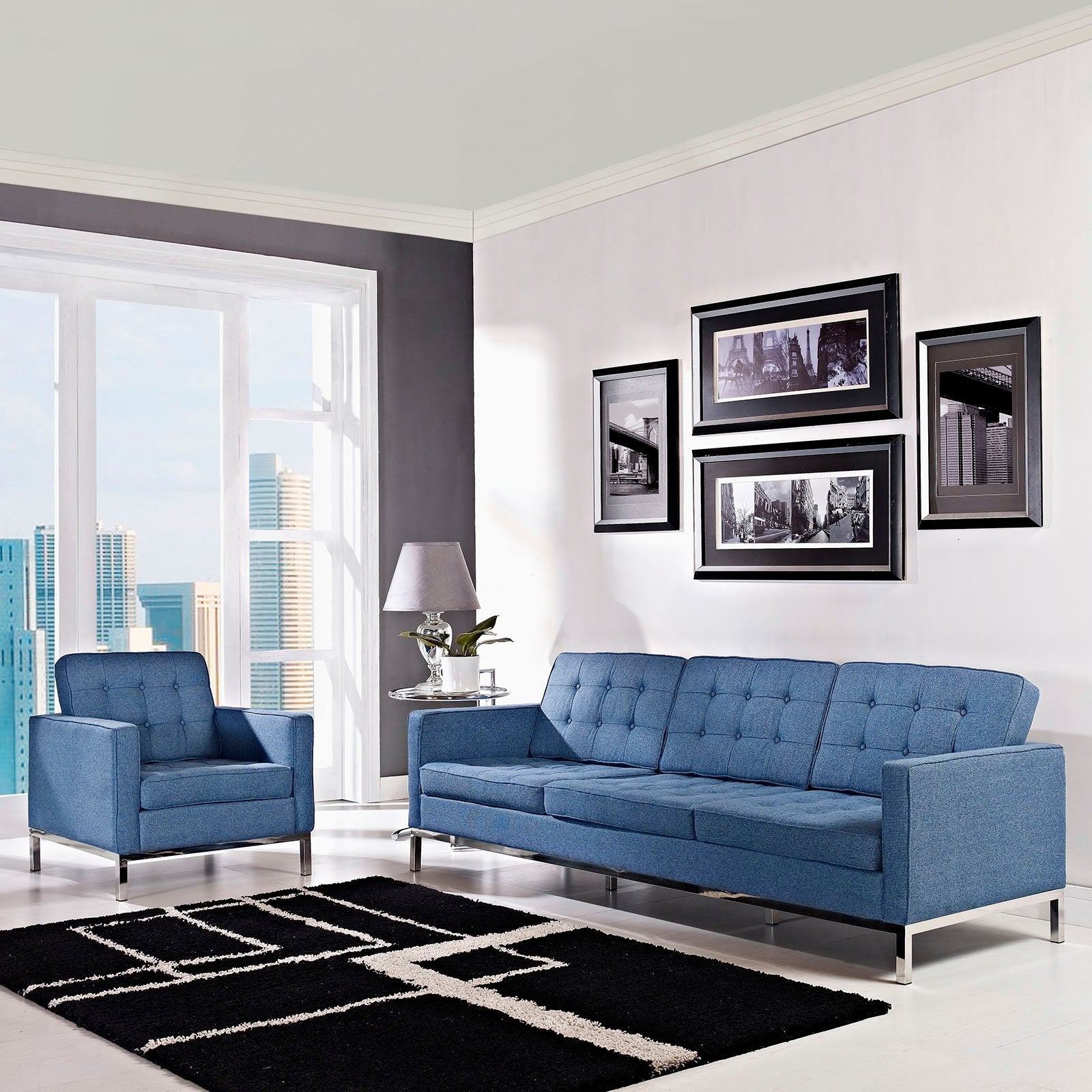 Modway Loft Armchair And Sofa Set, Blue Tweed, Set Of 2