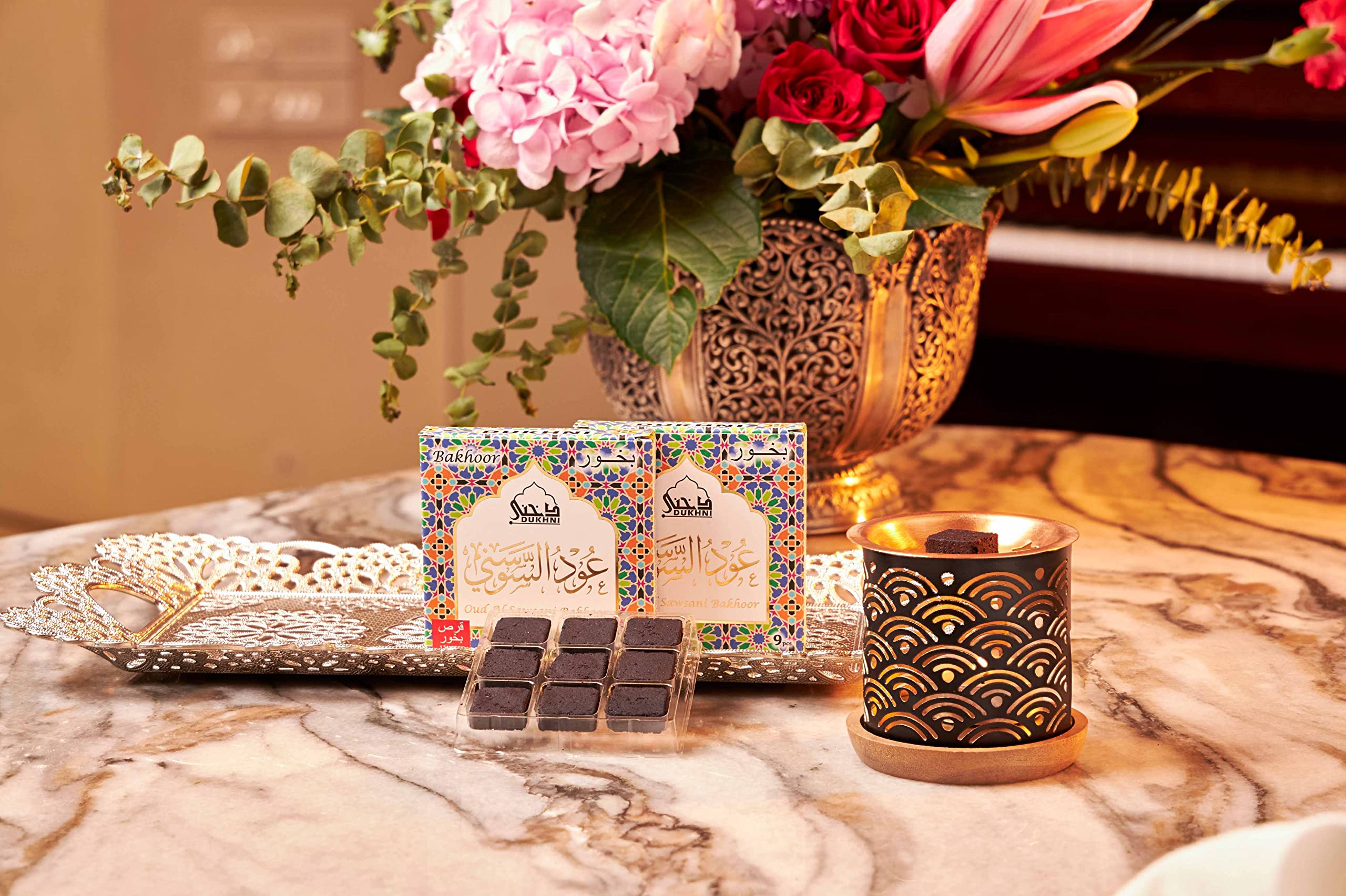 Oud Al Sawsani Bakhoor Set By Dukhni | 2 X 9 Piece Each & Rainbow Bakhoor Burner | Arabic Bakhoor Incense | Saffron Oud Blend |