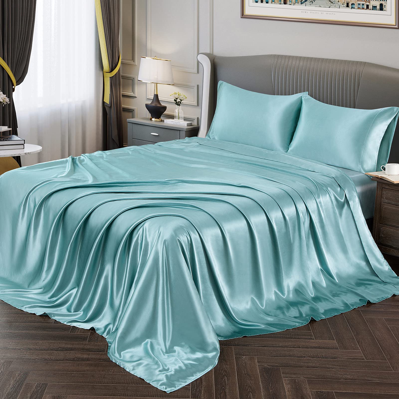 Vonty Satin Sheets Full Size Silky Soft Satin Bed Sheets Aqua Satin Sheet Set, 1 Deep Pocket Fitted Sheet + 1 Flat Sheet + 2 Pil