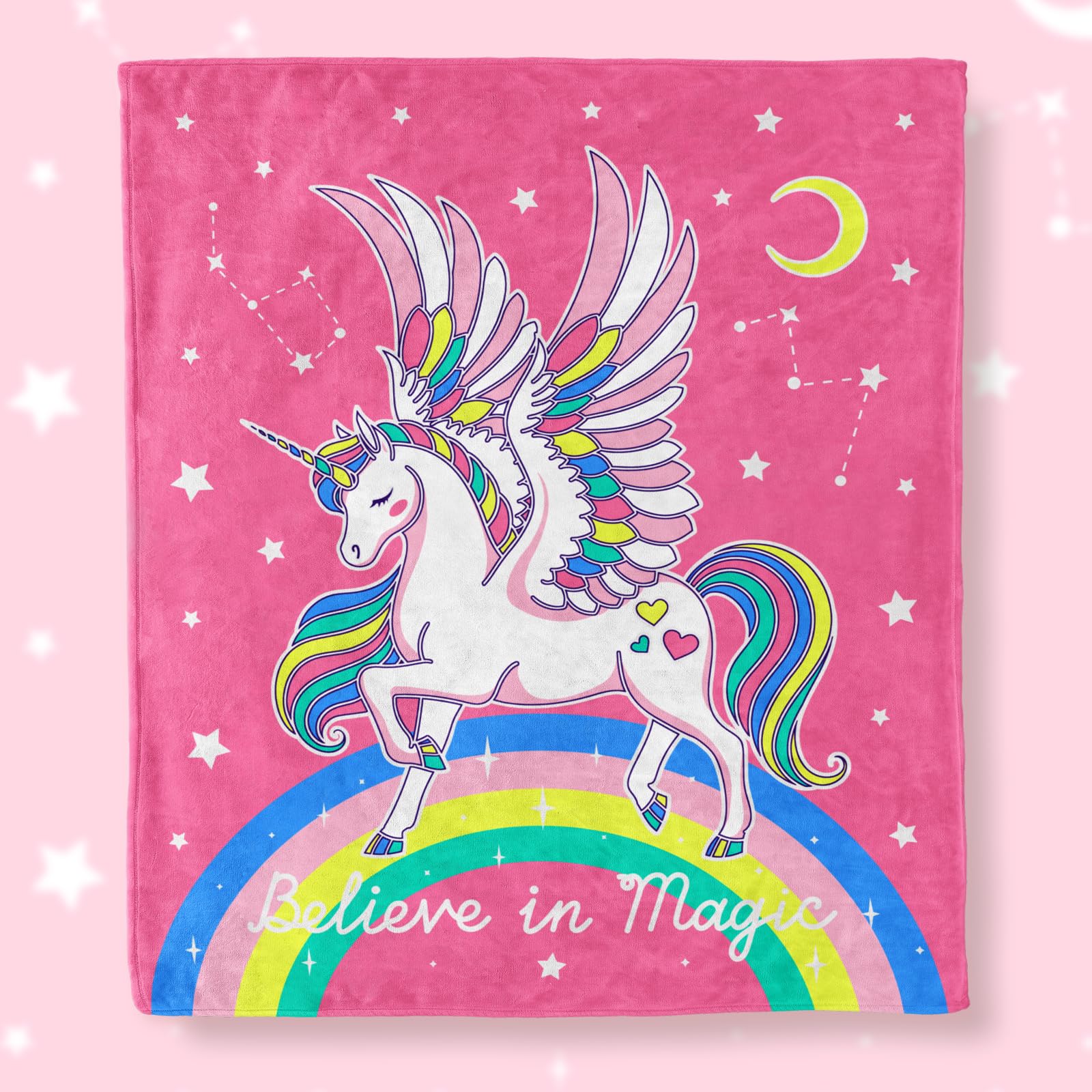 Unicorn Gifts Toys For Kids Girls - Glow In The Dark Blanket Age 1-13 Years Old Birthday Christmas Valentine'S Gift Easter Presents Toddler Teen Daughter Grandkids Rainbow Moon Stars Throw 50'X60'