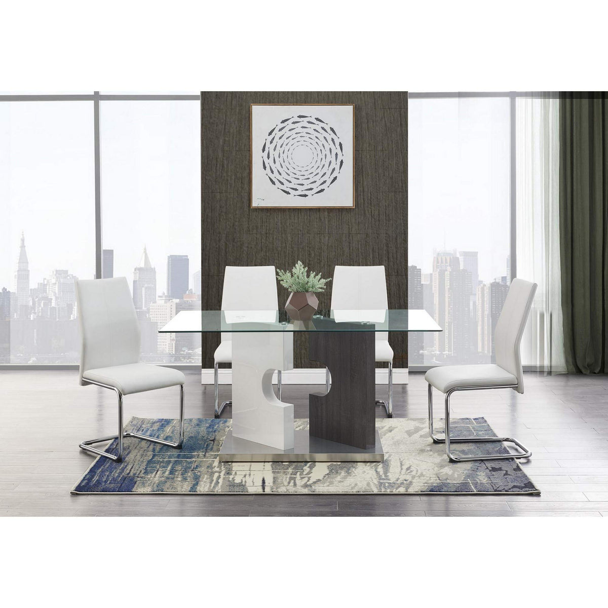 HomeRoots Contemporary Puzzle Gray and White Double Base Glass Dining Table