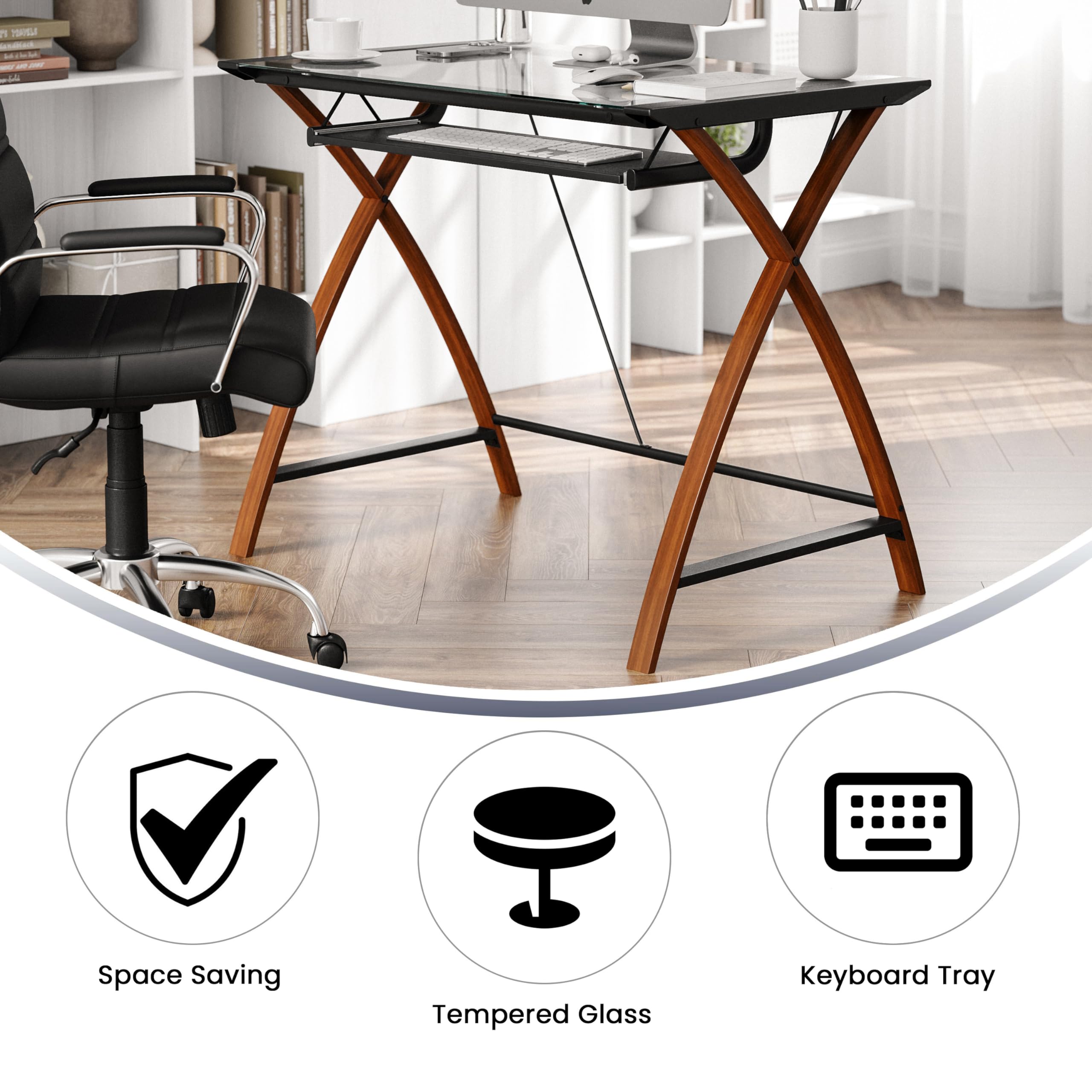 Flash Furniture Jude Tempered Glass Computer Desk with Pull-Out Keyboard Tray and Crisscross Frame, Small Computer Desk for Home Office, Cherry/Clear