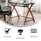 Flash Furniture Jude Tempered Glass Computer Desk with Pull-Out Keyboard Tray and Crisscross Frame, Small Computer Desk for Home Office, Cherry/Clear