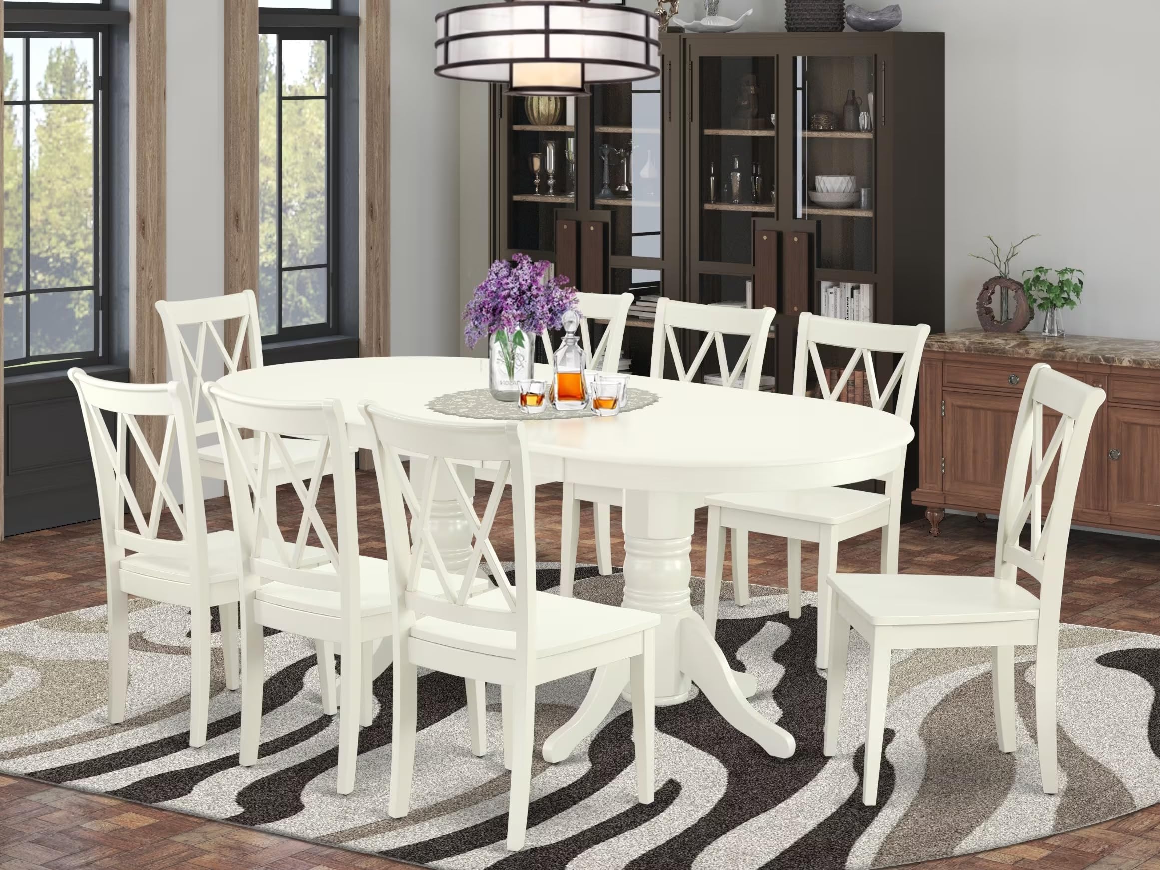 East West Furniture Vacl9-Lwh-W 9 Piece Dining Table Set Includes An Oval Dining Room Table With Butterfly Leaf And 8 Wood Seat Chairs, 40X76 Inch, Linen White