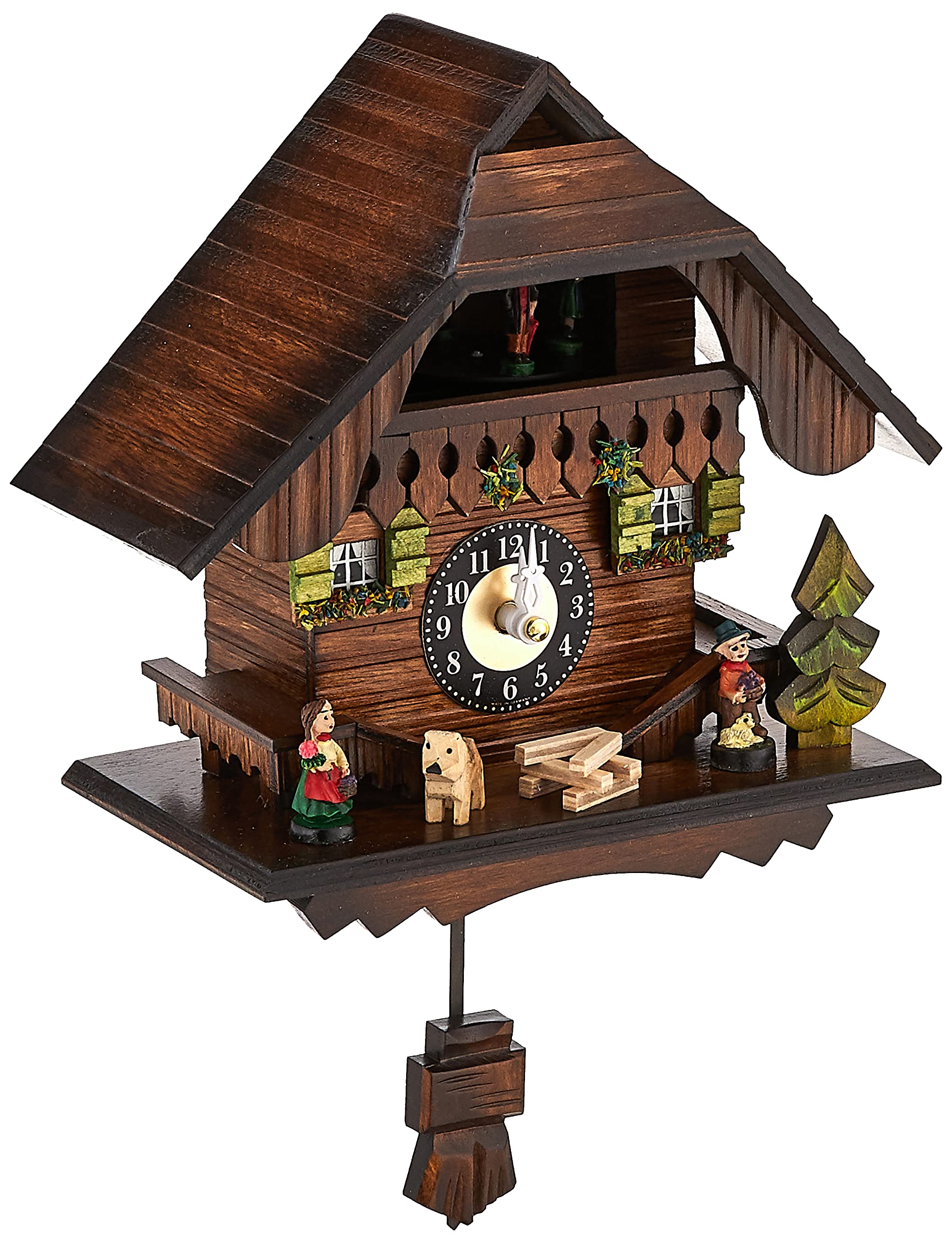 River City Clocks Quartz Cuckoo Clock - Painted Chalet with Dancers - Wesminster Chime or Cuckoo Sound - 7 Inches Tall - Model #
