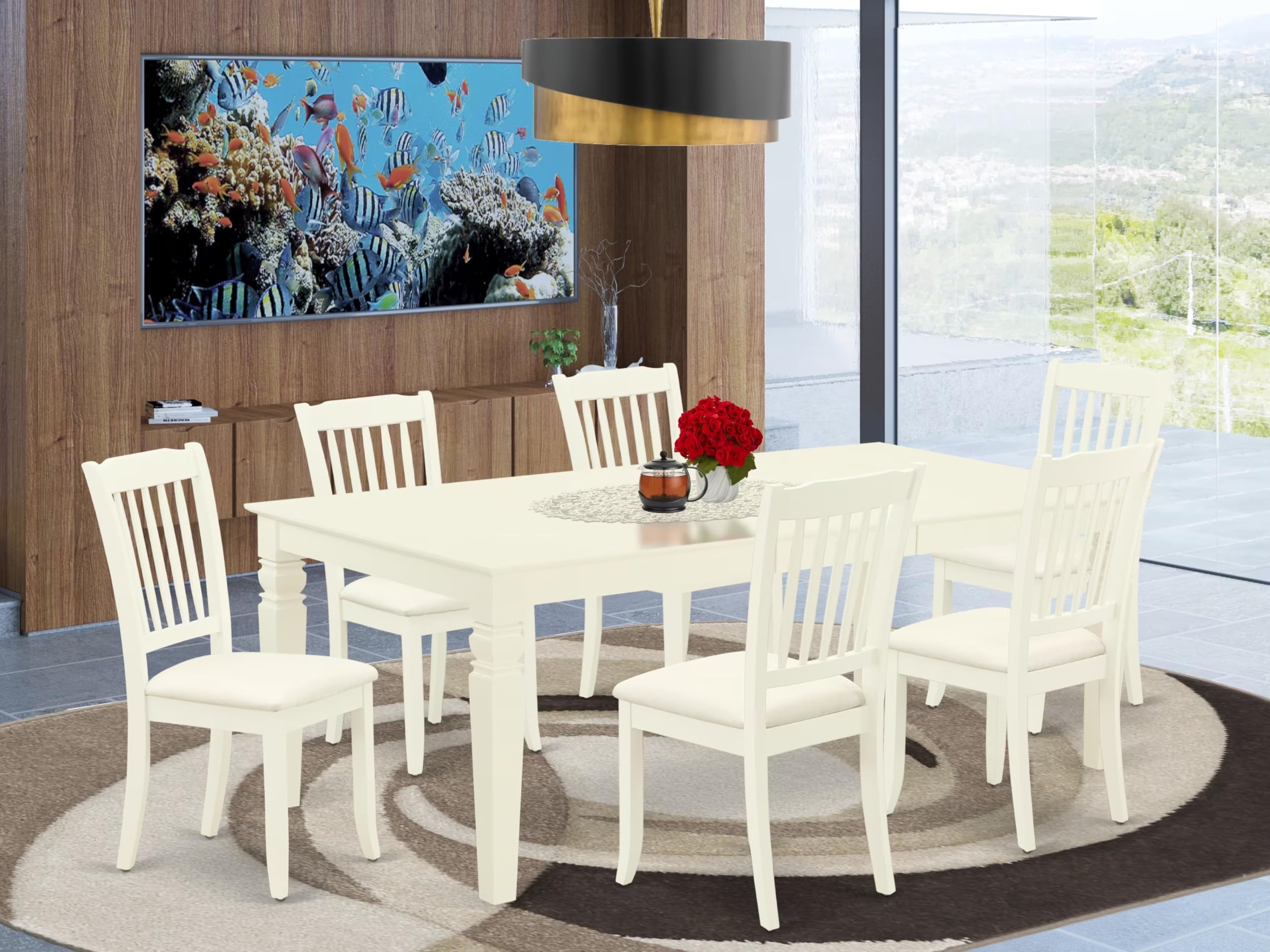 East West Furniture Lgda7-Lwh-C 7 Piece Modern Dining Table Set Consist Of A Rectangle Wooden Table With Butterfly Leaf And 6 Linen Fabric Dining Room Chairs, 42X84 Inch, Linen White