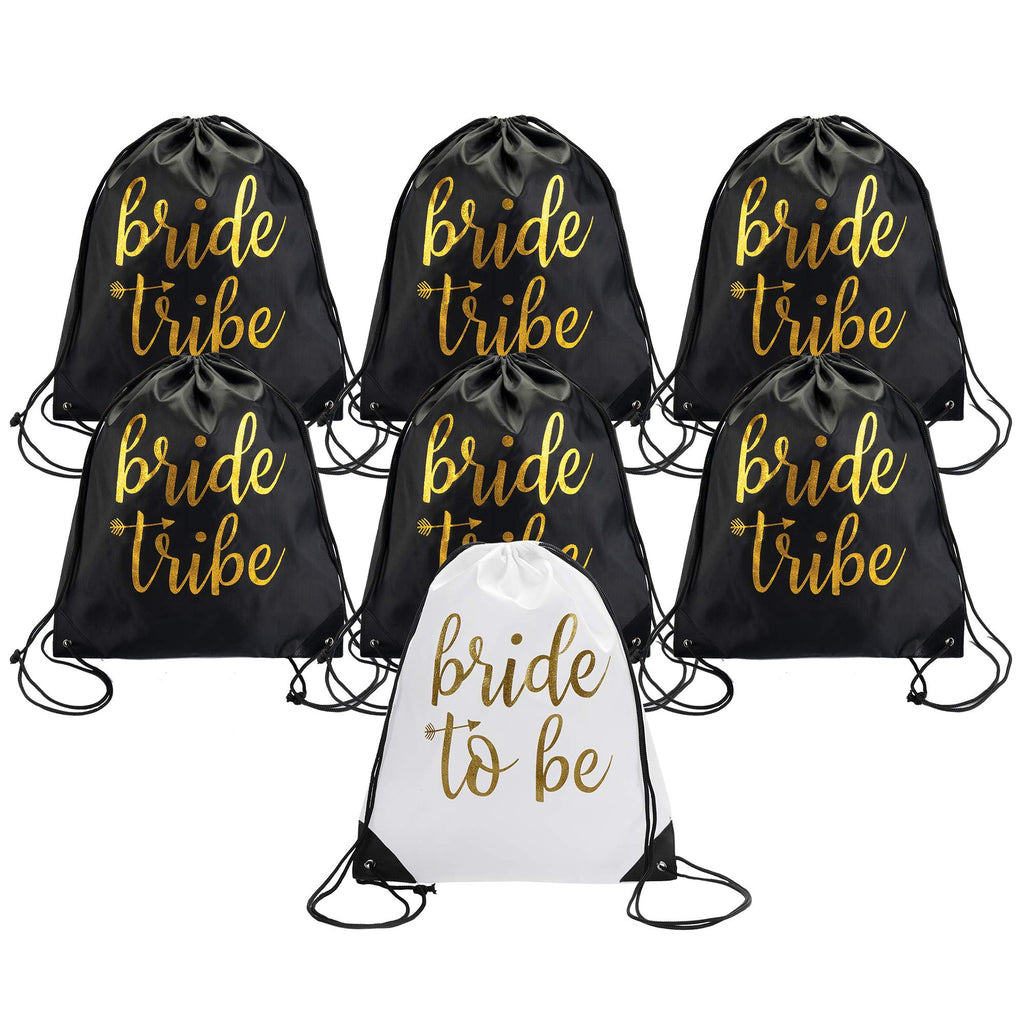 Pop Fizz Designs | Bride & Bride Tribe Drawstring Bags (7 Pack) | Bags for Bachelorette Party | Black