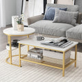 Giantex Nesting Coffee Table Set Of 2, Detachable Rectangular Table & Round Table Set W/White Faux Marble Print, Sturdy Golden Metal Frame, Modern Stacking Side Table For Living Room, Bedroom(Gold)
