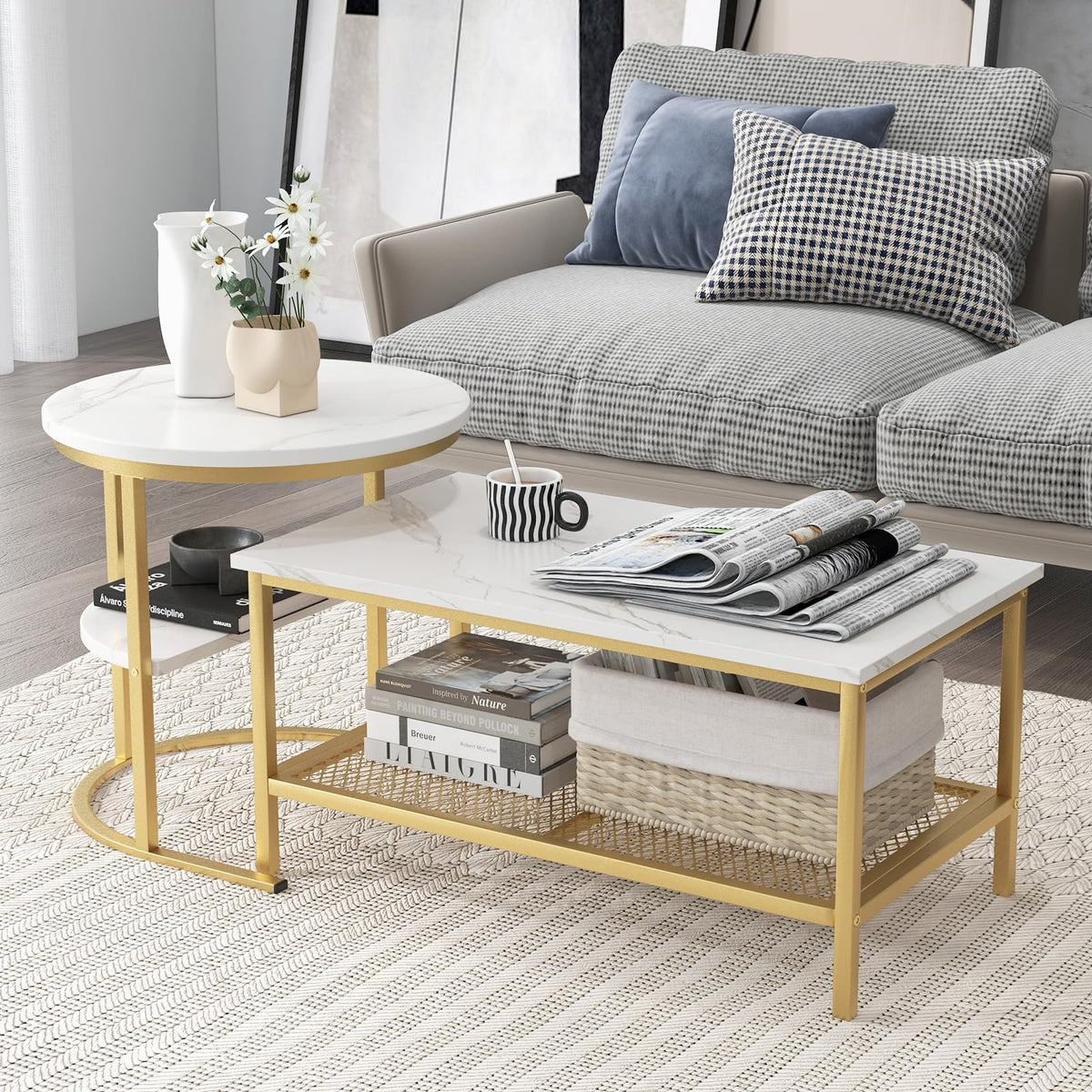 Giantex Nesting Coffee Table Set Of 2, Detachable Rectangular Table & Round Table Set W/White Faux Marble Print, Sturdy Golden Metal Frame, Modern Stacking Side Table For Living Room, Bedroom(Gold)